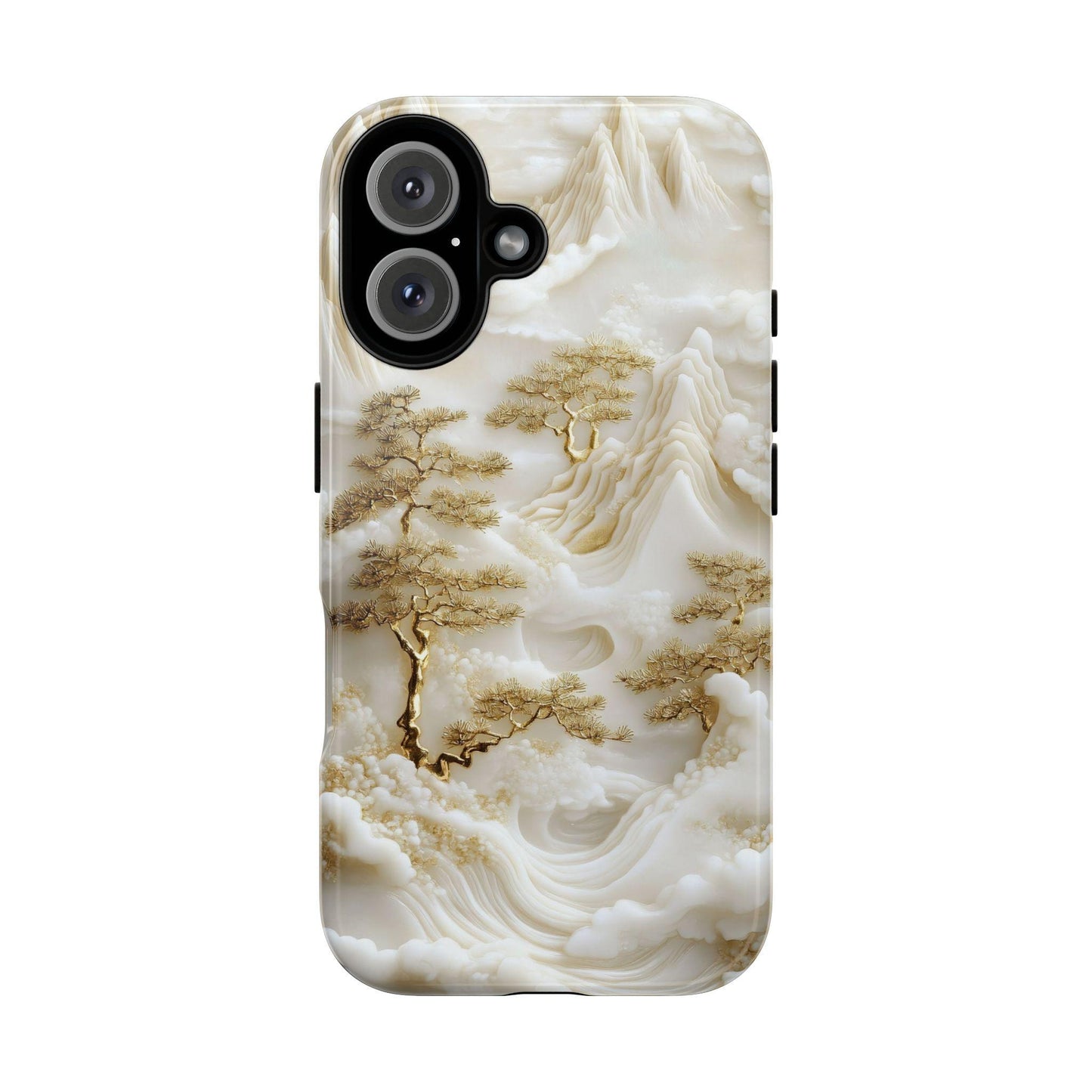 The Unique White Jade Carving Phone Case by Golden Value SG features an intricately carved design of mountains, clouds, and golden pine trees in a monochrome palette, creating a textured, ethereal, and serene atmosphere.