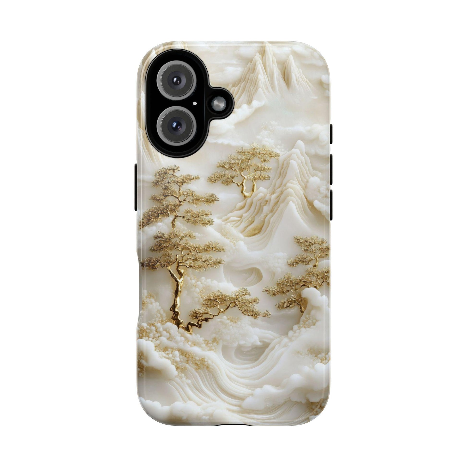 The Unique White Jade Carving Phone Case by Golden Value SG features an intricately carved design of mountains, clouds, and golden pine trees in a monochrome palette, creating a textured, ethereal, and serene atmosphere.