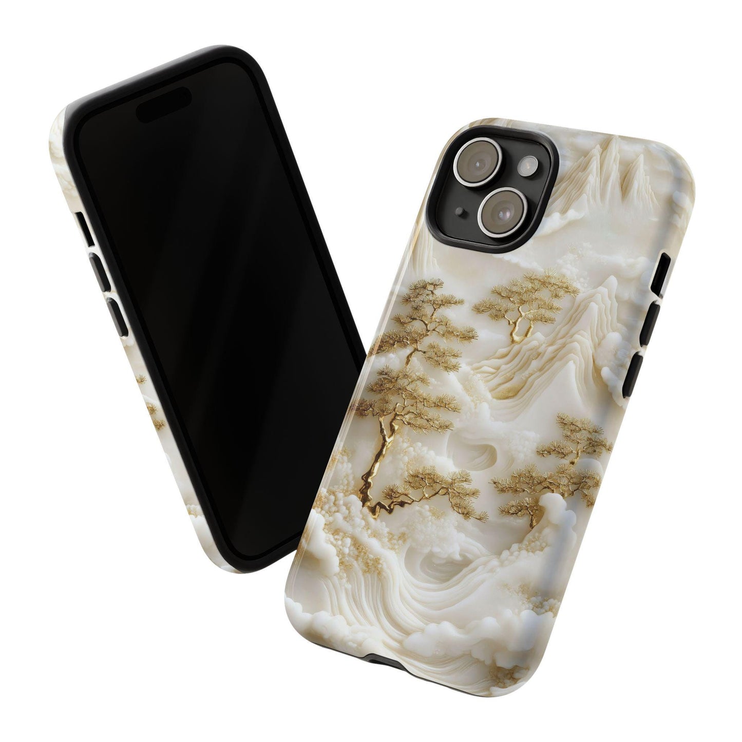 Unique White Jade Carving Phone Case, Chinese Art Landscape Golden Tree Cover, Iphone 16 15 14 13 Pro Max Plus, Galaxy Pixel, Birthday Gift