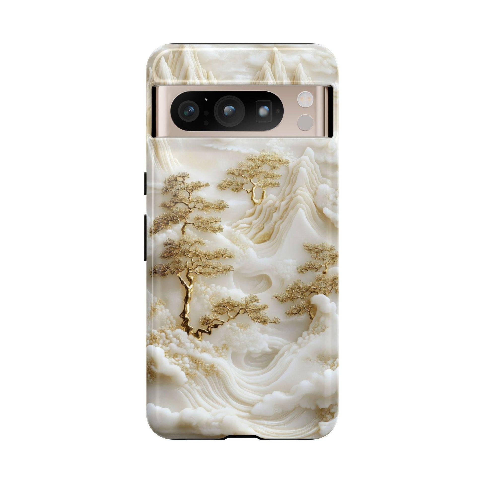 Unique White Jade Carving Phone Case, Chinese Art Landscape Golden Tree Cover, Iphone 16 15 14 13 Pro Max Plus, Galaxy Pixel, Birthday Gift