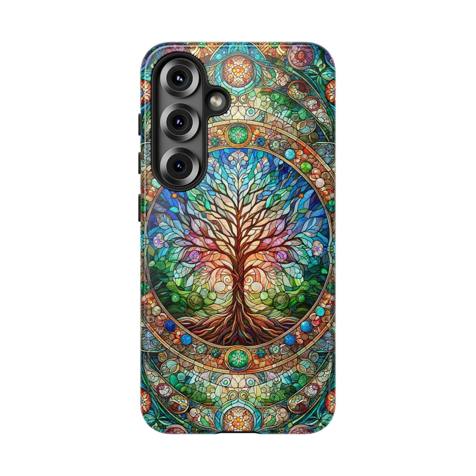 Celtic Tree of Life Aesthetic Phone Case, Stained Glass Design, Cover For iPhone 16 15 14 13 Pro Samsung Galaxy Pixel Tree-of-Life Bday Gift