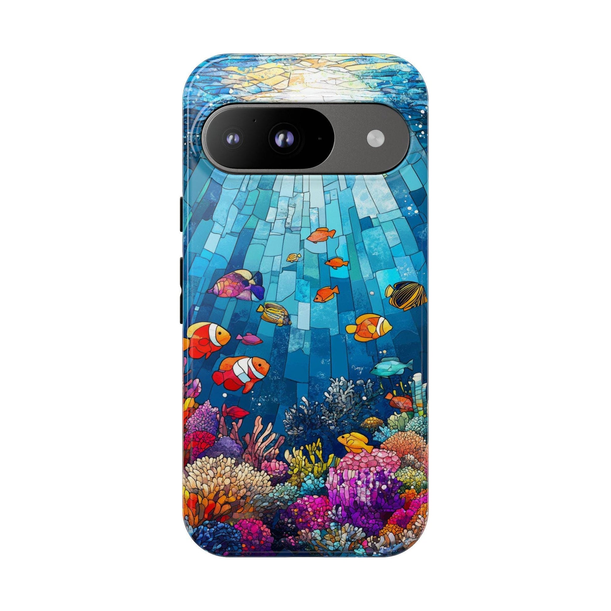 Stained Glass Ocean Phone Case, Vibrant Undersea Art Mobile Cover for iPhone Samsung Pixel, Colorful Marine Life Design, Sea Lovers Gift