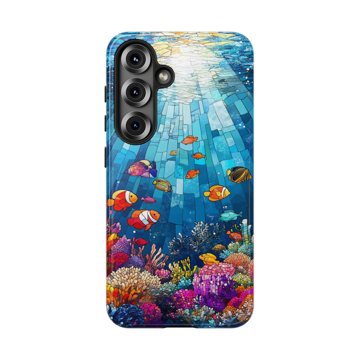 Stained Glass Ocean Phone Case, Vibrant Undersea Art Mobile Cover for iPhone Samsung Pixel, Colorful Marine Life Design, Sea Lovers Gift