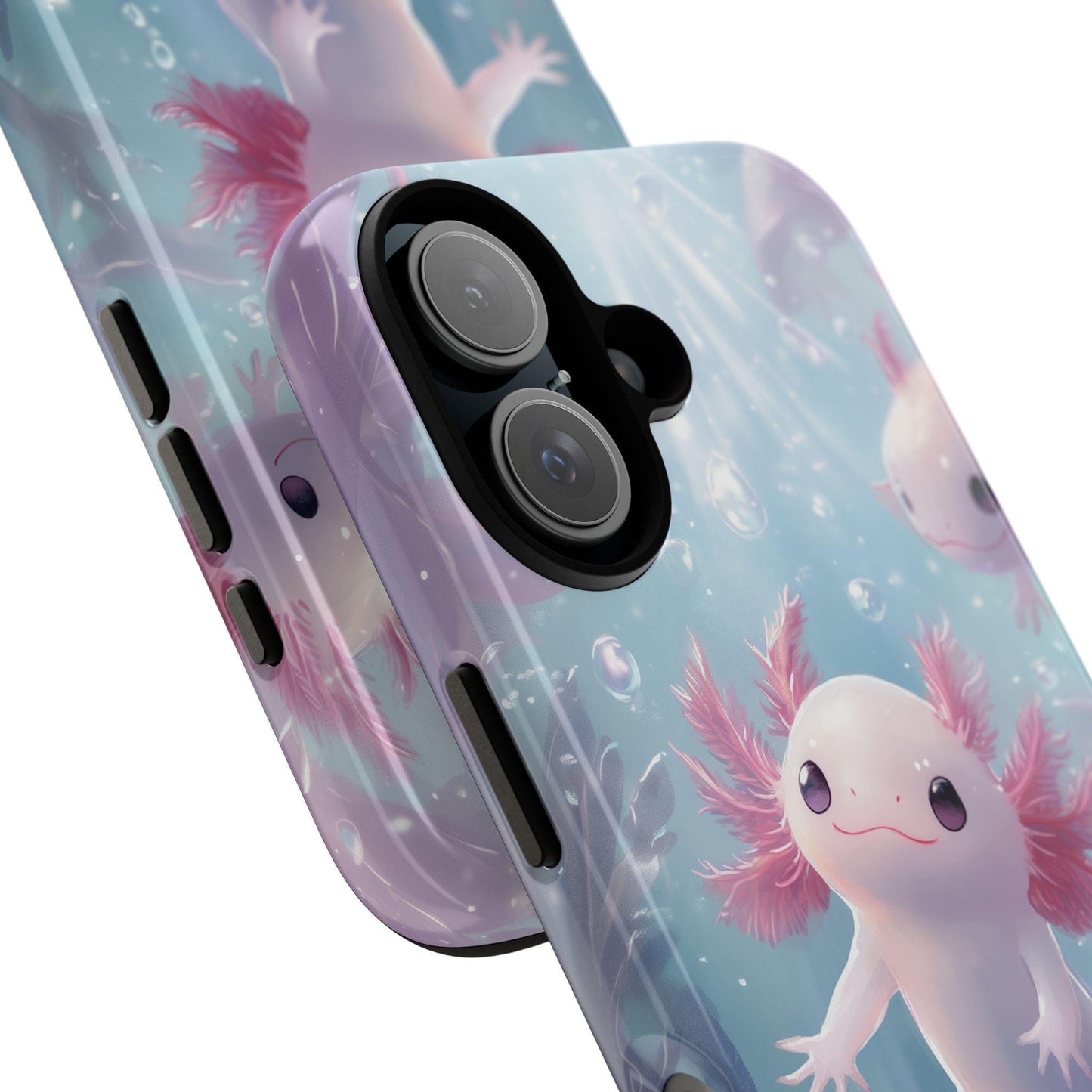 Golden Value SG's Cute Axolotl Salamander Phone Case features four whimsical pink axolotls with feathery gills swimming among plants and bubbles, illuminated by sunlight.
