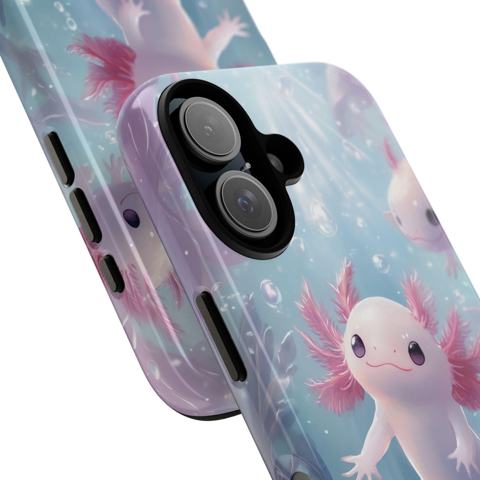 Golden Value SG's Cute Axolotl Salamander Phone Case features four whimsical pink axolotls with feathery gills swimming among plants and bubbles, illuminated by sunlight.