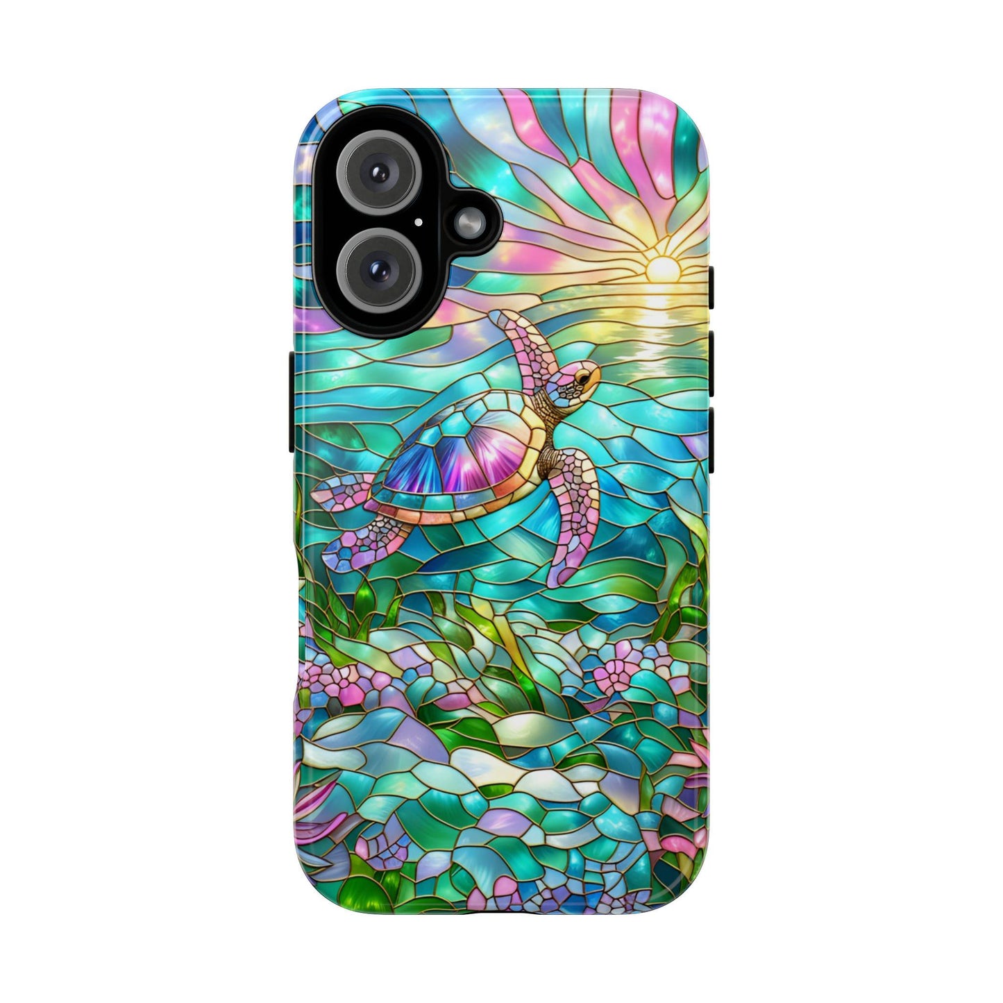 A vibrant Sea Turtle Phone Case by Golden Value SG depicting an underwater scene with a colorful sea turtle swimming towards a radiant sun setting or rising on the horizon. The design features shimmering blue and green waters, pink and purple skies, and lush aquatic plants and flowers at the bottom, all outlined in golden lines.