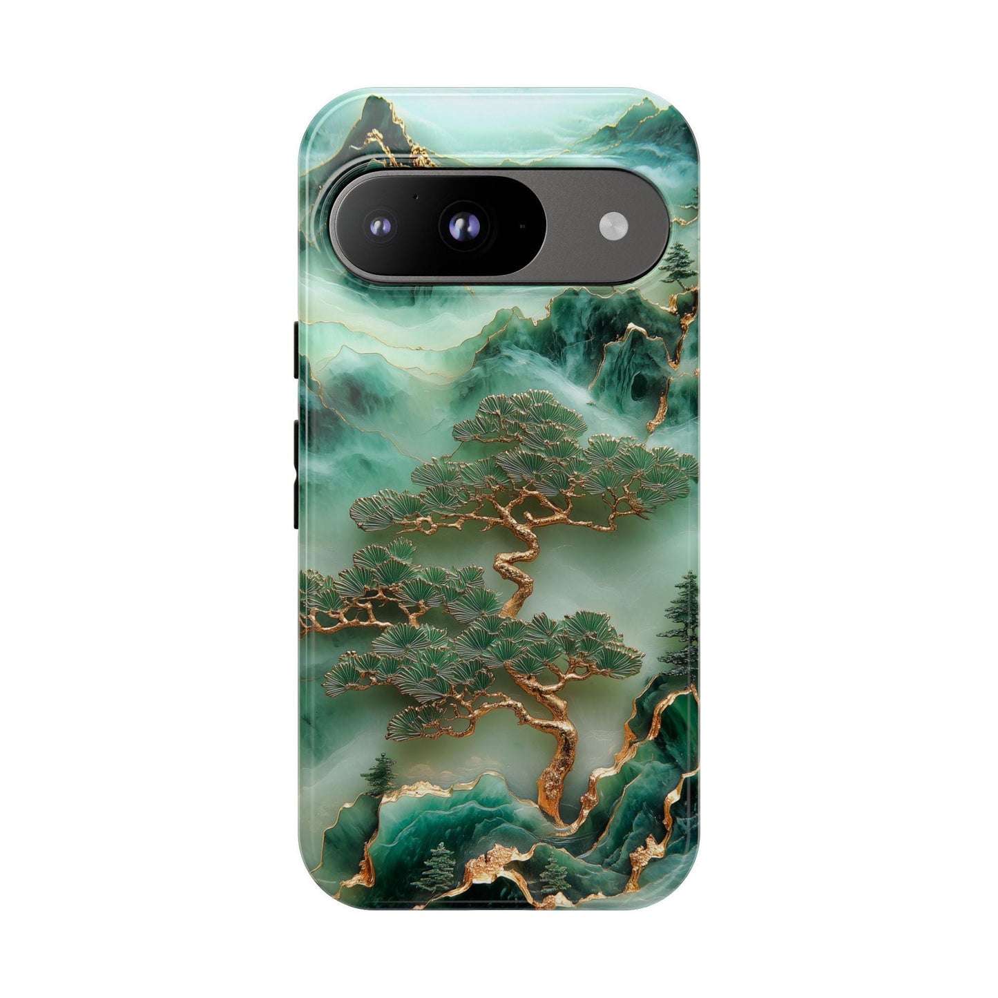 Unique Jade Carving Phone Case with Chinese Art Landscape Golden Tree Cover, Iphone 16 15 14 13 Pro Max Plus, Galaxy Pixel, Birthday Gift