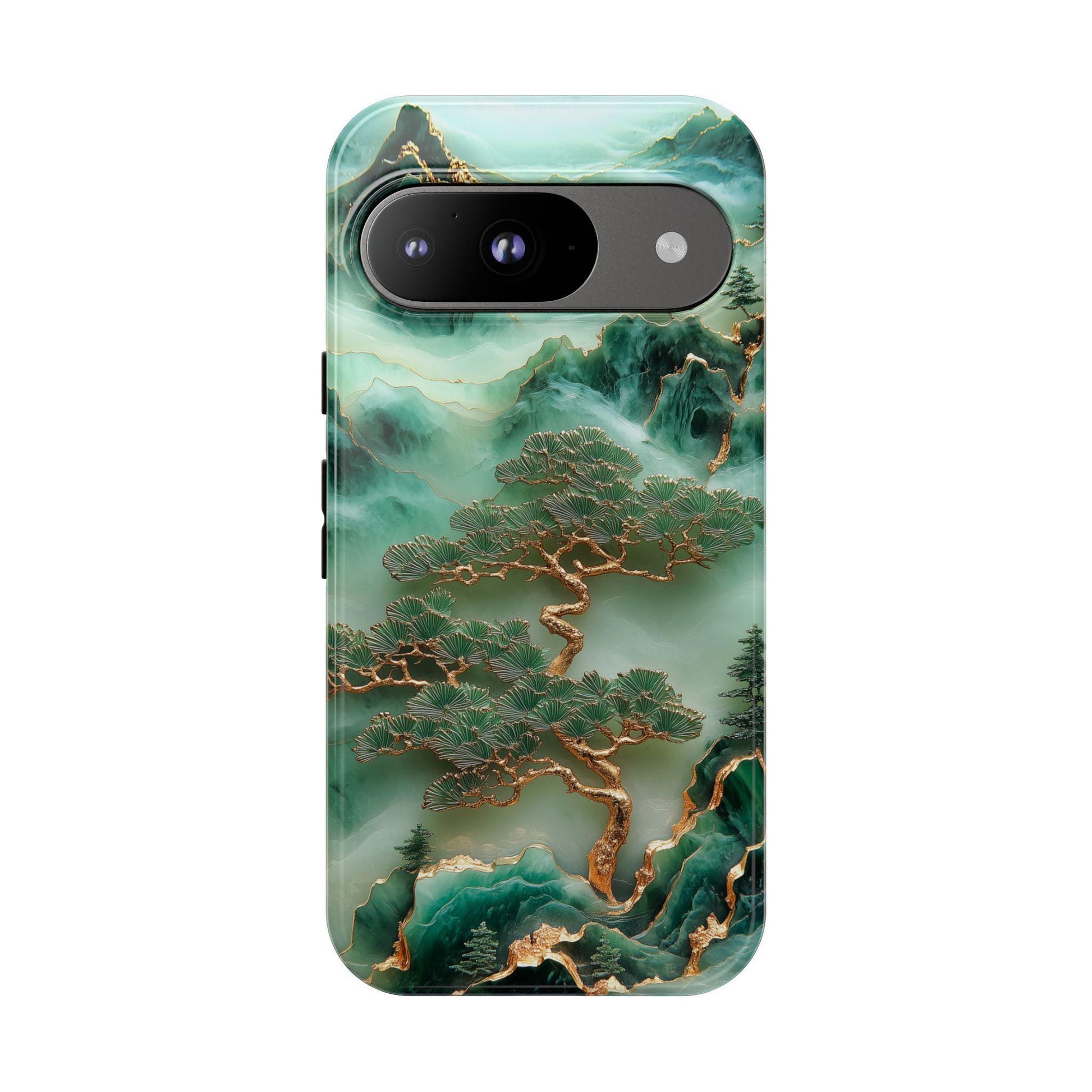 Unique Jade Carving Phone Case with Chinese Art Landscape Golden Tree Cover, Iphone 16 15 14 13 Pro Max Plus, Galaxy Pixel, Birthday Gift
