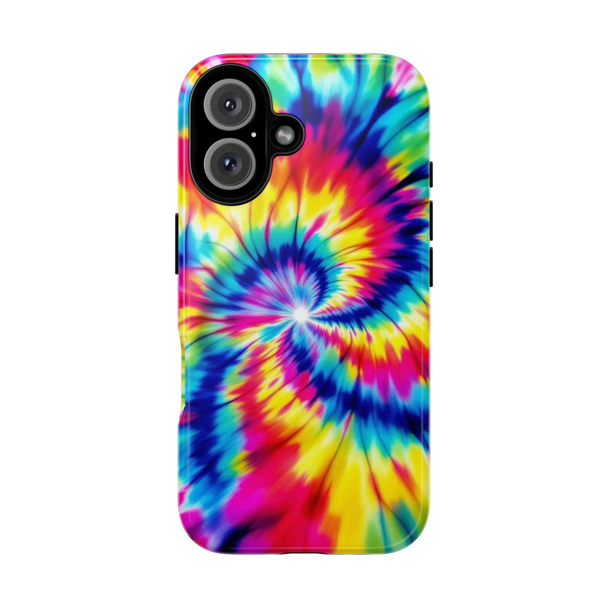 The Groovy Tie Dye Phone Case by Golden Value SG features a vibrant spiral of yellow, blue, red, and green, creating a dynamic psychedelic effect.