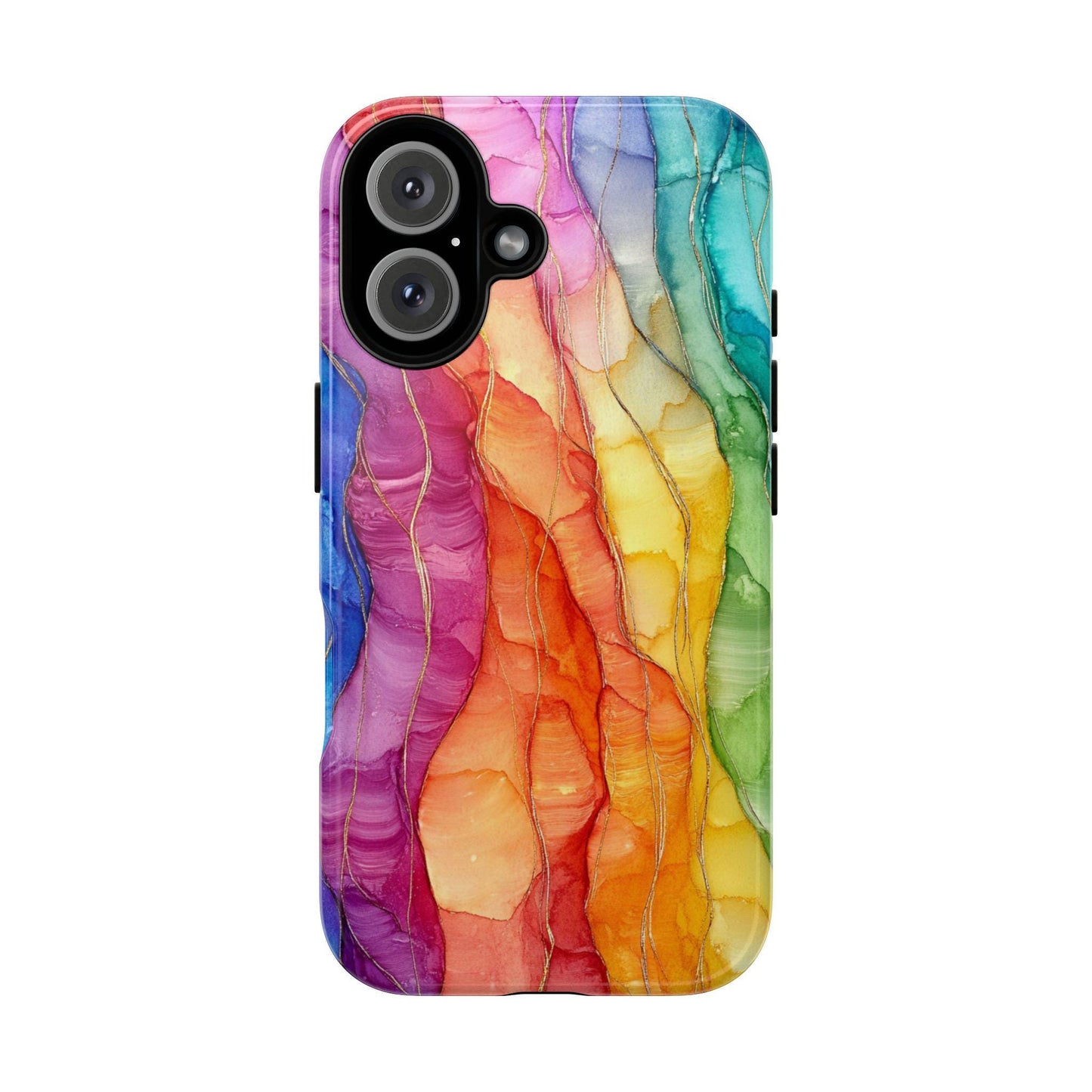 The Rainbow Phone Case from Golden Value SG features an abstract watercolor design with vertical, wavy bands of vivid rainbow colors—blue, purple, red, orange, yellow, and green—that blend softly. Thin gold lines add a shimmering effect.