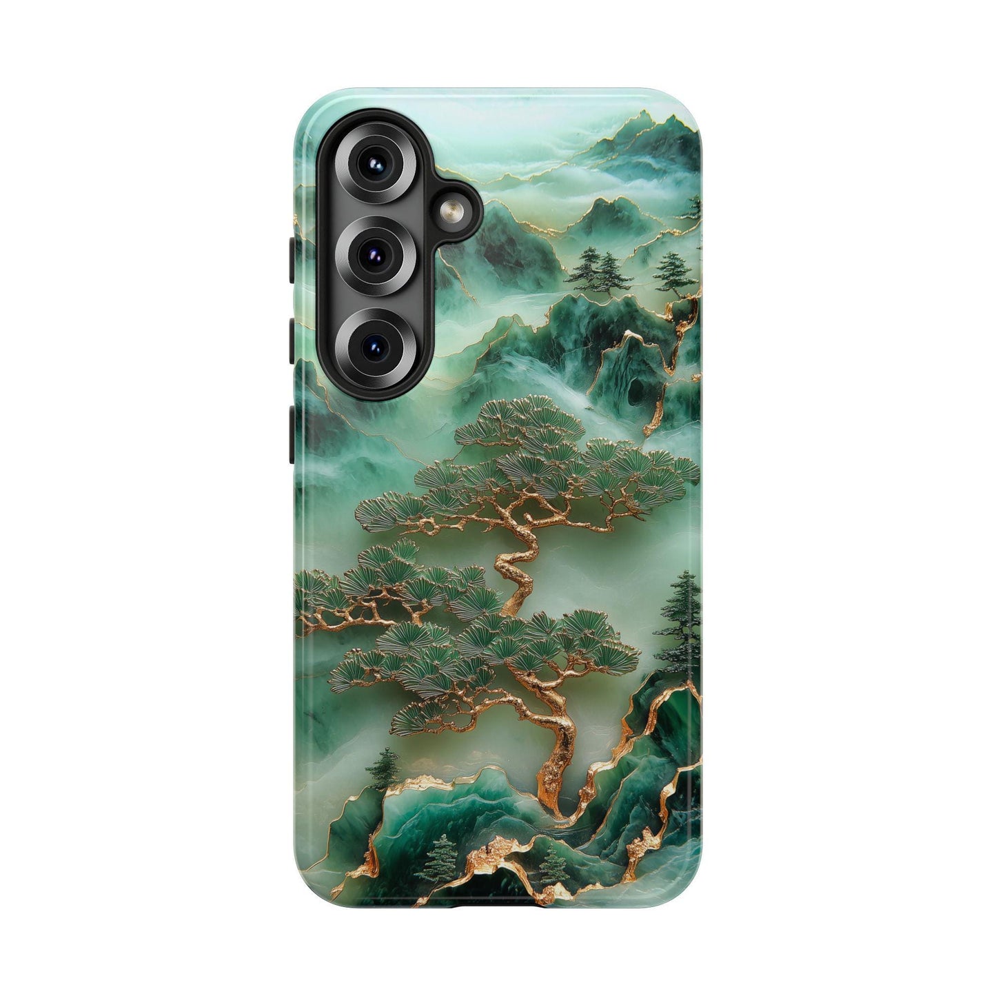 Unique Jade Carving Phone Case with Chinese Art Landscape Golden Tree Cover, Iphone 16 15 14 13 Pro Max Plus, Galaxy Pixel, Birthday Gift