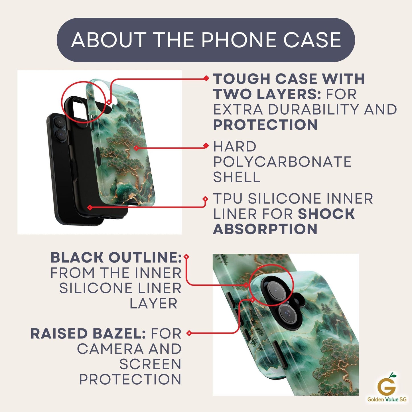 Unique Jade Carving Phone Case with Chinese Art Landscape Golden Tree Cover, Iphone 16 15 14 13 Pro Max Plus, Galaxy Pixel, Birthday Gift