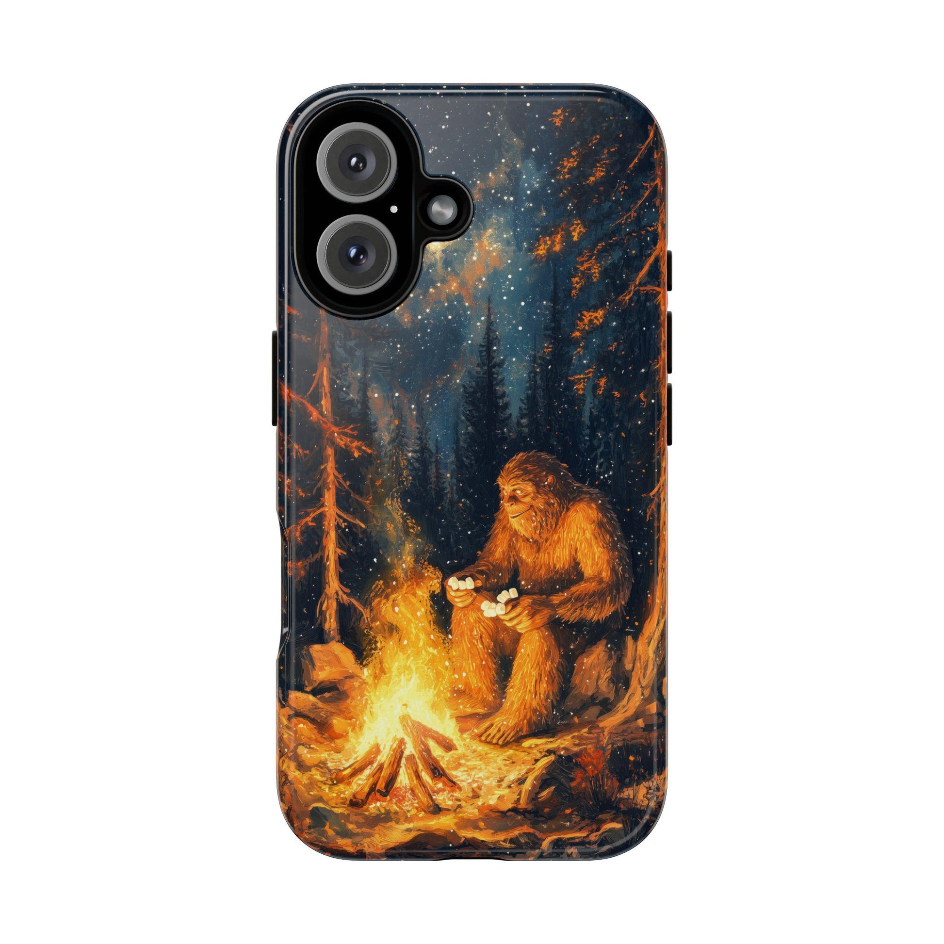 Bigfoot Phone Case by Golden Value SG featuring a cozy illustration of Bigfoot roasting marshmallows over a campfire at night, with a starry sky visible in the background.