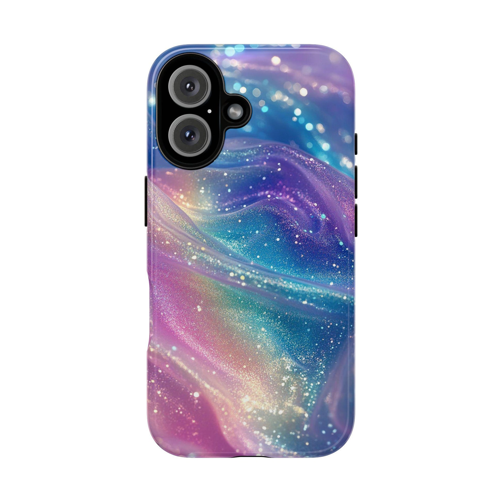 May include: A phone case with a vibrant, abstract design. The case features a swirling pattern of colors, including shades of pink, blue, and purple, with a shimmering, glittery effect. The phone case has a dual-lens camera cutout.