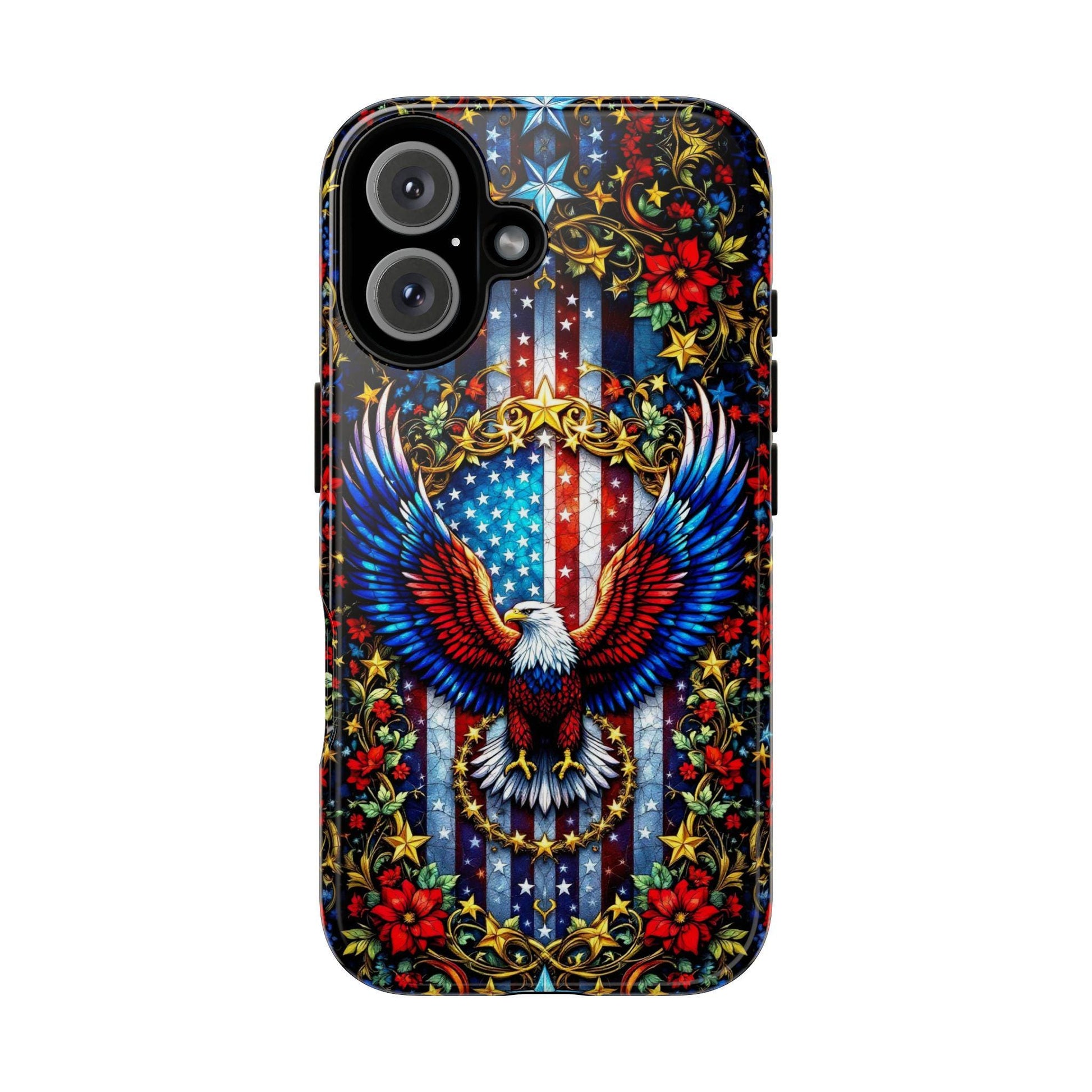 The Golden Value SG American Flag and Eagle Phone Case features a vibrant stained glass-style bald eagle with spread wings, set against an American flag background with gold patterns, stars, and red flowers.