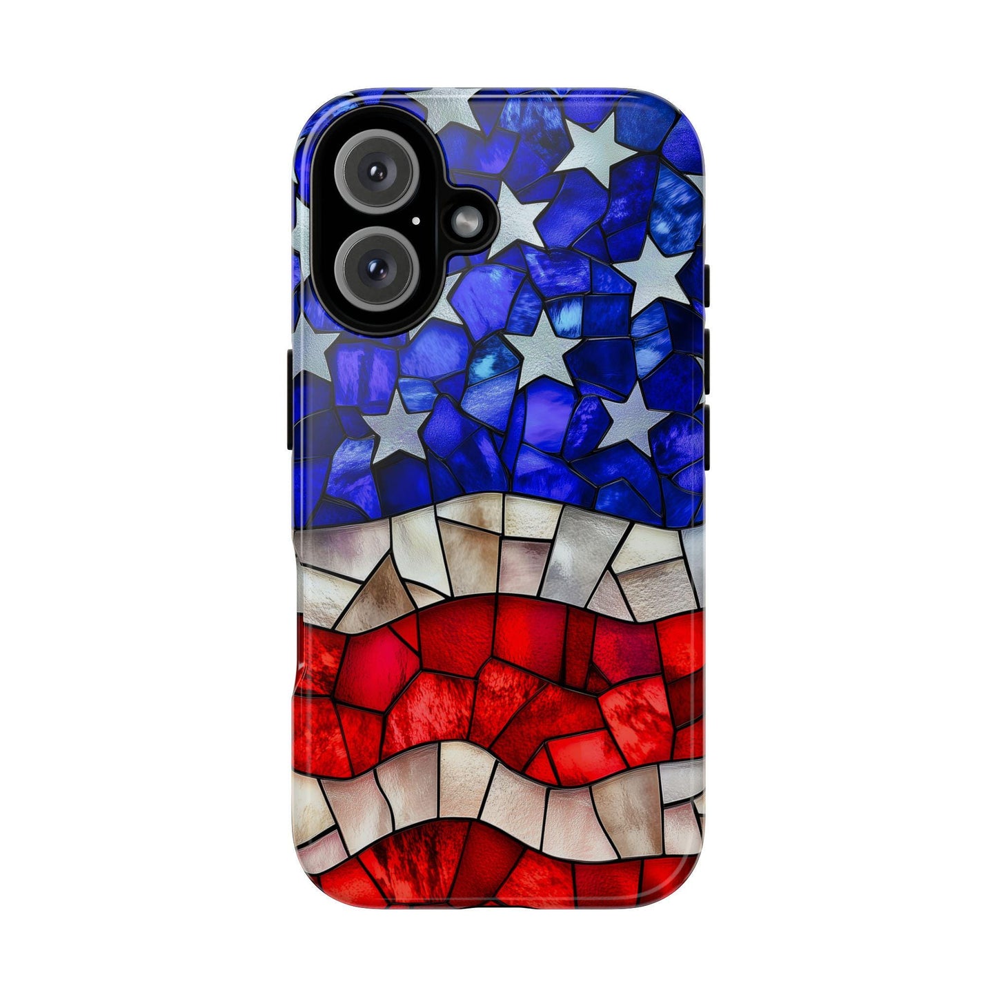 May include: A phone case with a stained glass design of the American flag. The case is blue, red, and white with a mosaic pattern. The case has a cutout for the phone's camera lens.