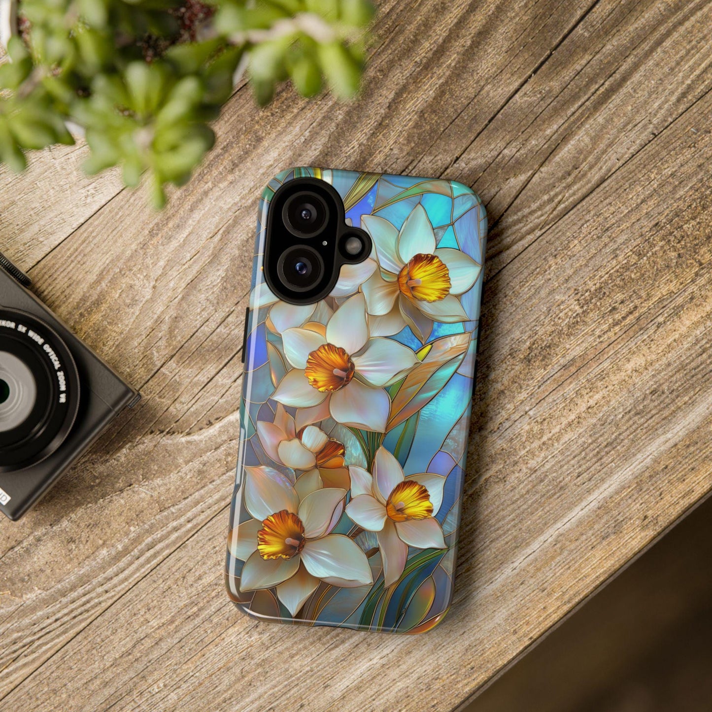 Stained Glass Daffodil Phone Case for iPhone, Samsung & Pixel, March Birth Flower Floral Art Cover, Aesthetic Nature Gift