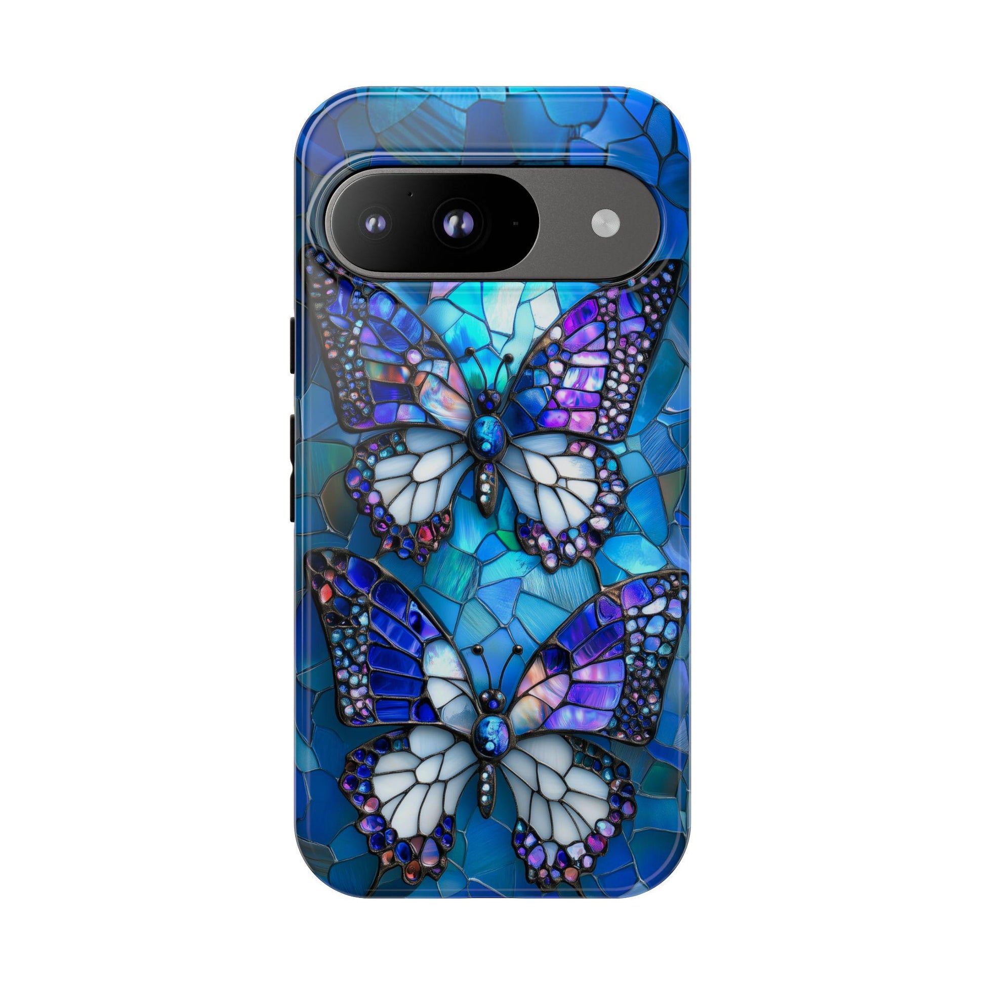 Stained Glass Butterfly Phone Case for iPhone, Samsung & Pixel, Vibrant Blue Purple Monarch Art