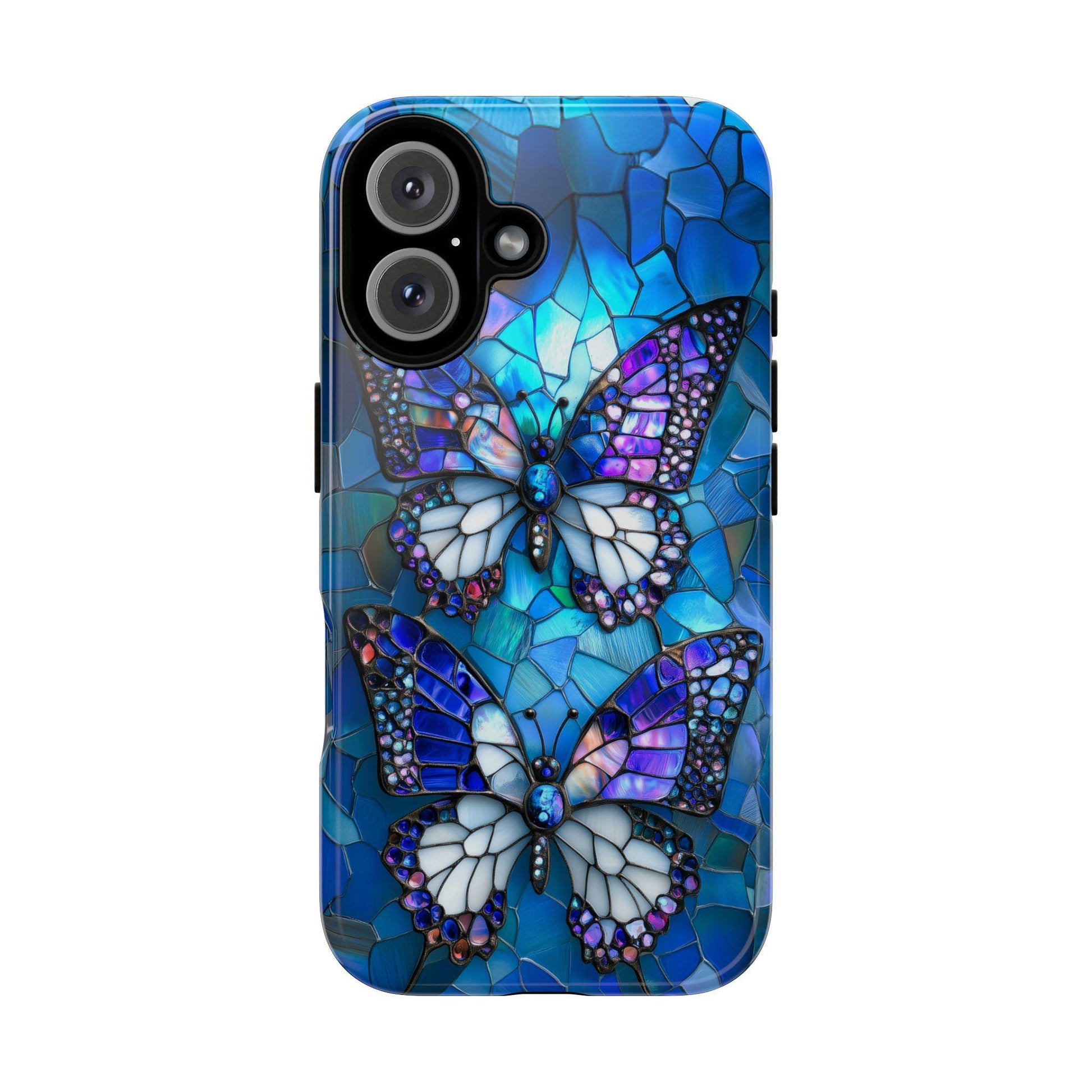 Vibrant Stained Glass Butterfly Phone Case by Golden Value SG featuring two ornate stained glass butterflies in blues, purples, and white, set against a mosaic blue glass background. The design showcases intricate patterns and iridescent hues, giving a luxurious, artistic look.