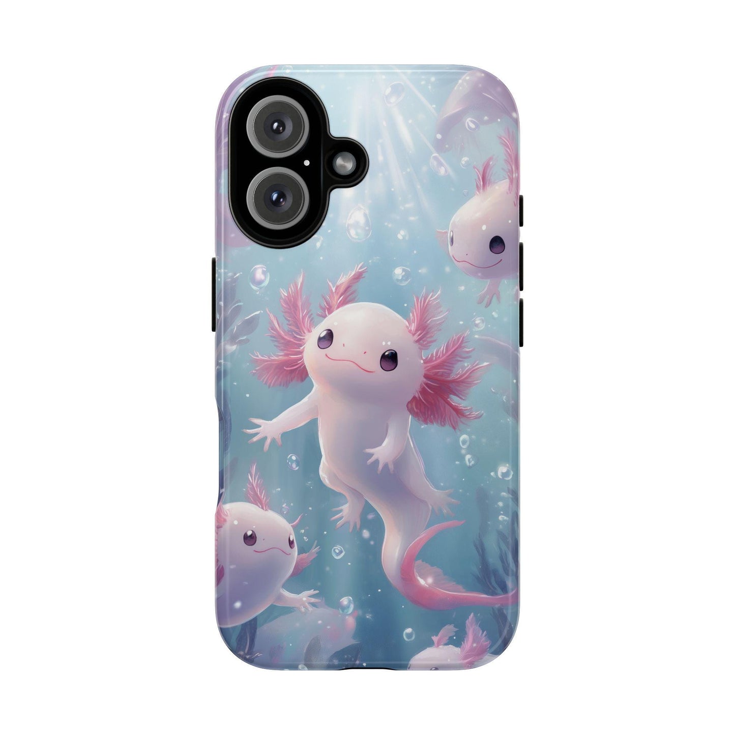 Golden Value SG's Cute Axolotl Salamander Phone Case features four whimsical pink axolotls with feathery gills swimming among plants and bubbles, illuminated by sunlight.