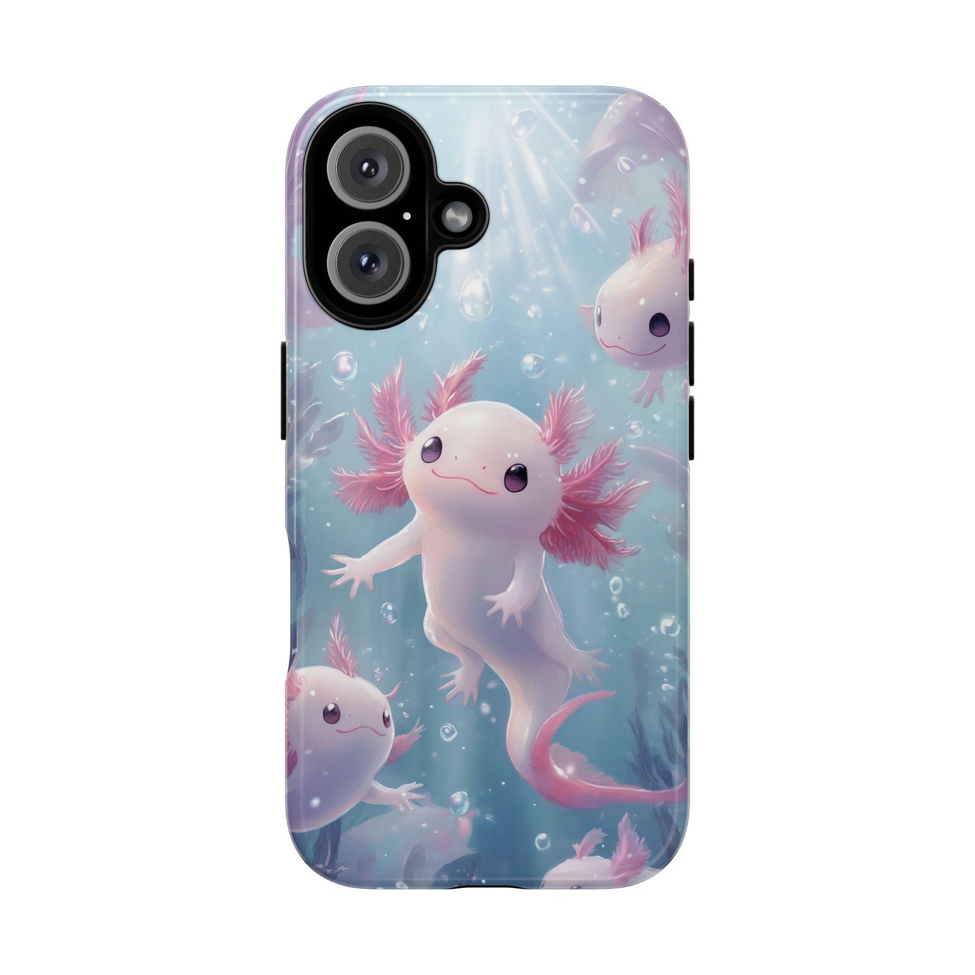 Golden Value SG's Cute Axolotl Salamander Phone Case features four whimsical pink axolotls with feathery gills swimming among plants and bubbles, illuminated by sunlight.