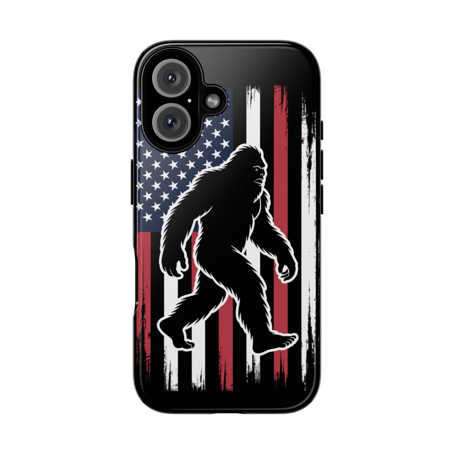 Golden Value SG's Bigfoot Silhouette Phone Case features a Bigfoot image set against a distressed American flag, complete with stars on a blue field and red and white stripes.