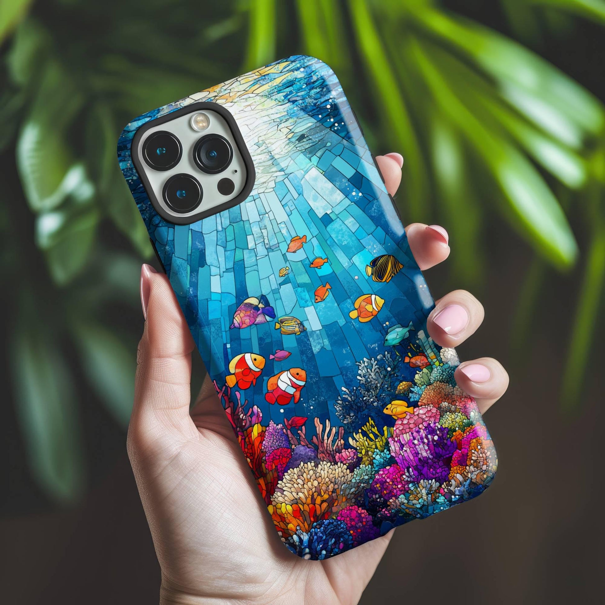 A hand holds a phone case featuring a vibrant underwater scene. The design showcases colorful fish, coral, and a mosaic-style background with blue and turquoise hues. The case has a glossy finish. Green foliage is softly blurred in the background.