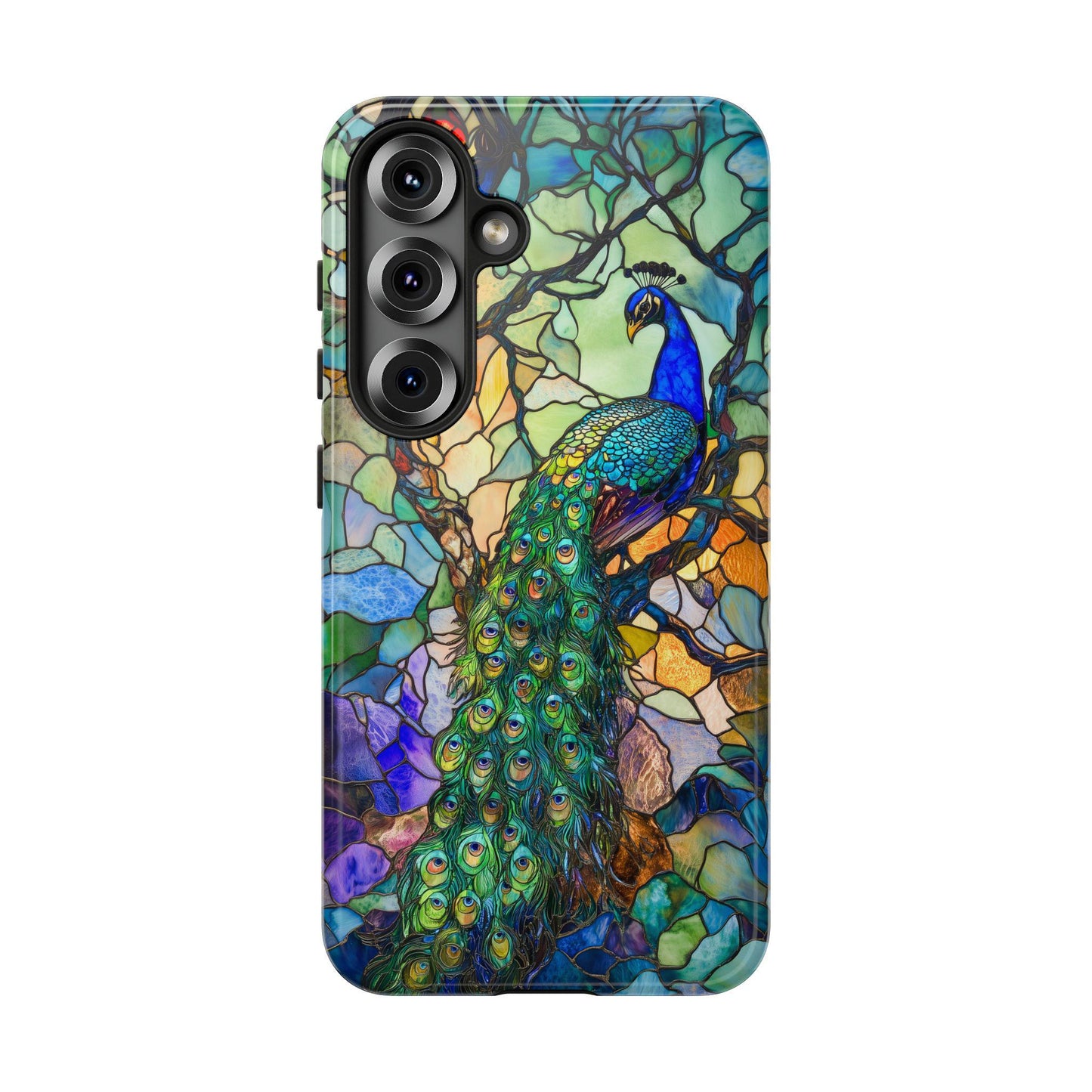Elegant Blue Peacock Phone Case, Stained Glass Design Mobile Cover For iPhone, Samsung Galaxy, Pixel, Birthday Gift For Peacock Lover