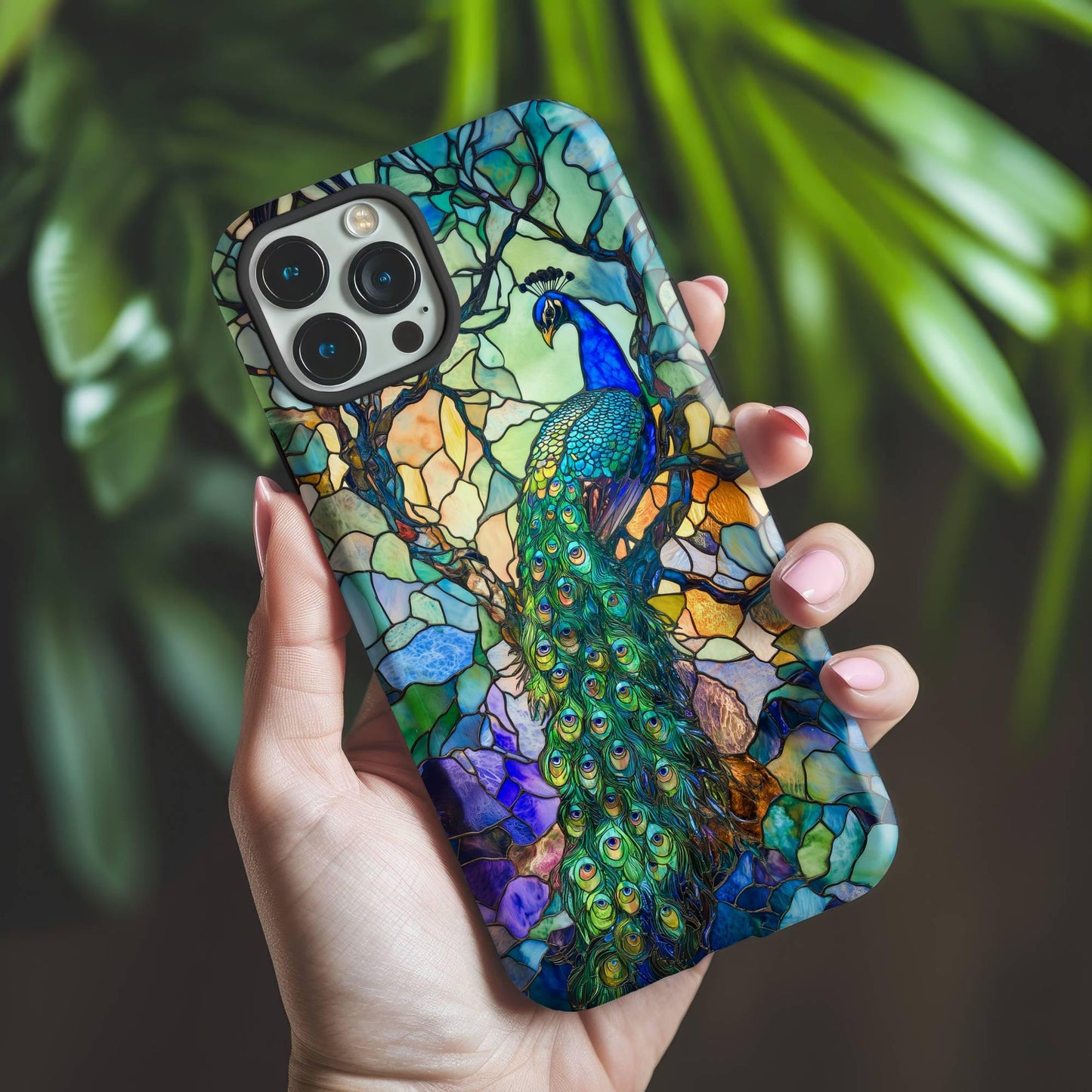 A hand holds the Elegant Blue Peacock Phone Case by Golden Value SG showcases a majestic peacock with blue, green, and gold feathers set amid colorful flowers and geometric patterns. Green foliage is softly blurred in the background.