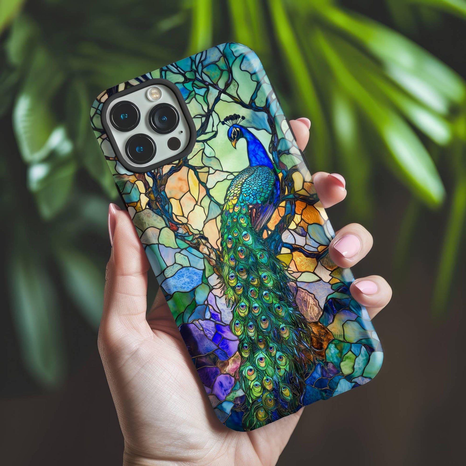 A hand holds the Elegant Blue Peacock Phone Case by Golden Value SG showcases a majestic peacock with blue, green, and gold feathers set amid colorful flowers and geometric patterns. Green foliage is softly blurred in the background.