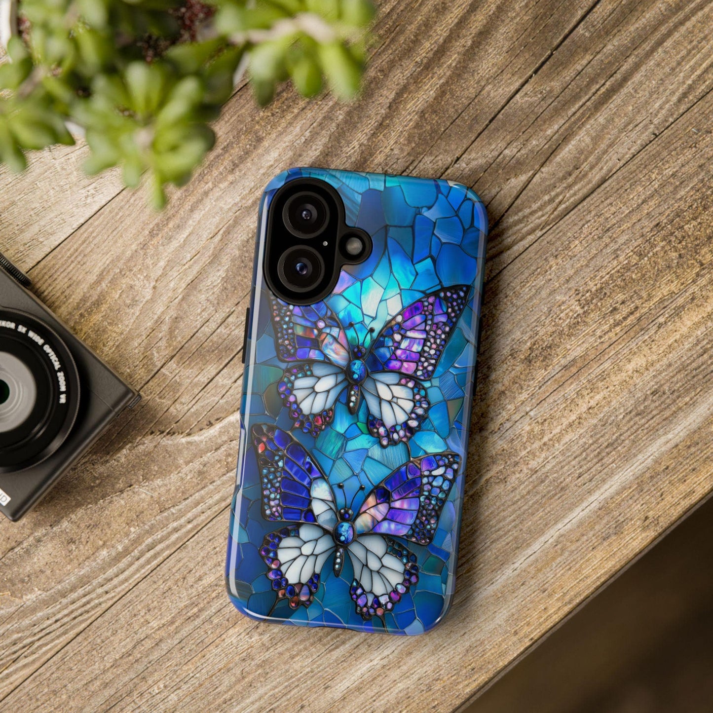 Stained Glass Butterfly Phone Case for iPhone, Samsung & Pixel, Vibrant Blue Purple Monarch Art