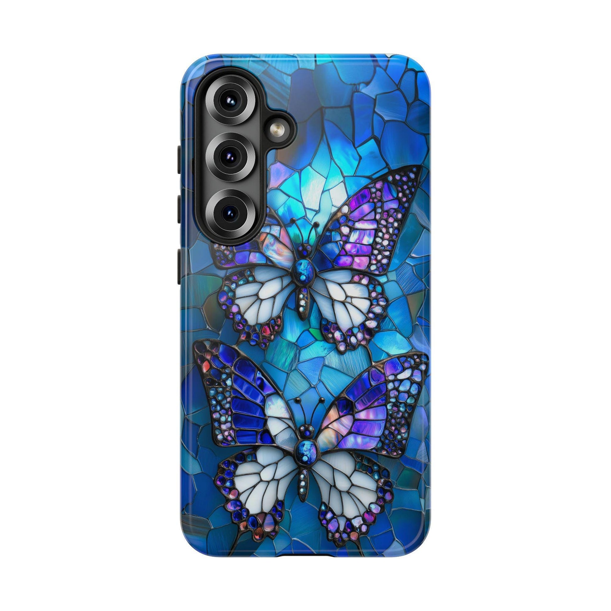Stained Glass Butterfly Phone Case for iPhone, Samsung & Pixel, Vibrant Blue Purple Monarch Art