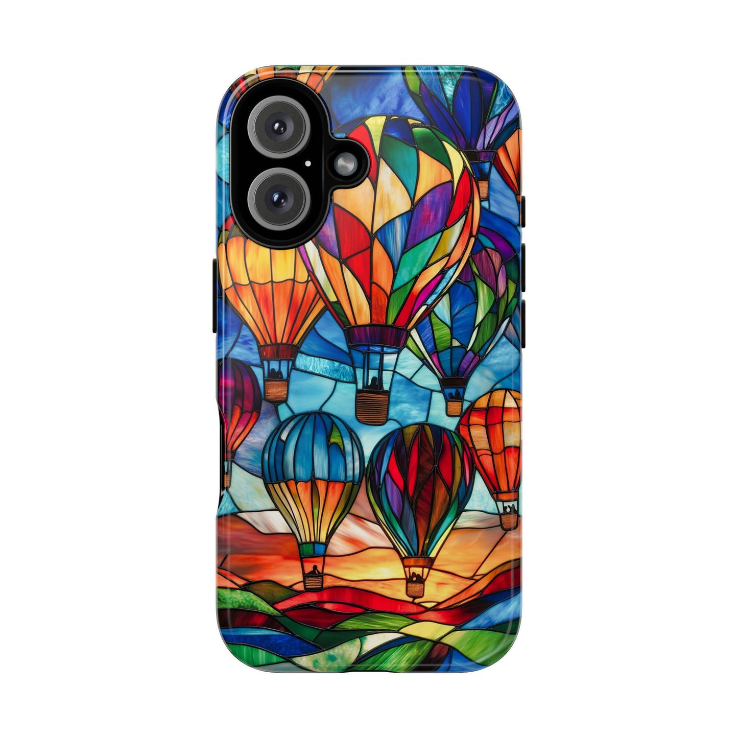 Golden Value SG's Hot Air Balloon Phone Case features stained glass artwork of vibrant hot air balloons in red, blue, green, and yellow against a sunset landscape with a sky turning from deep blue to orange.
