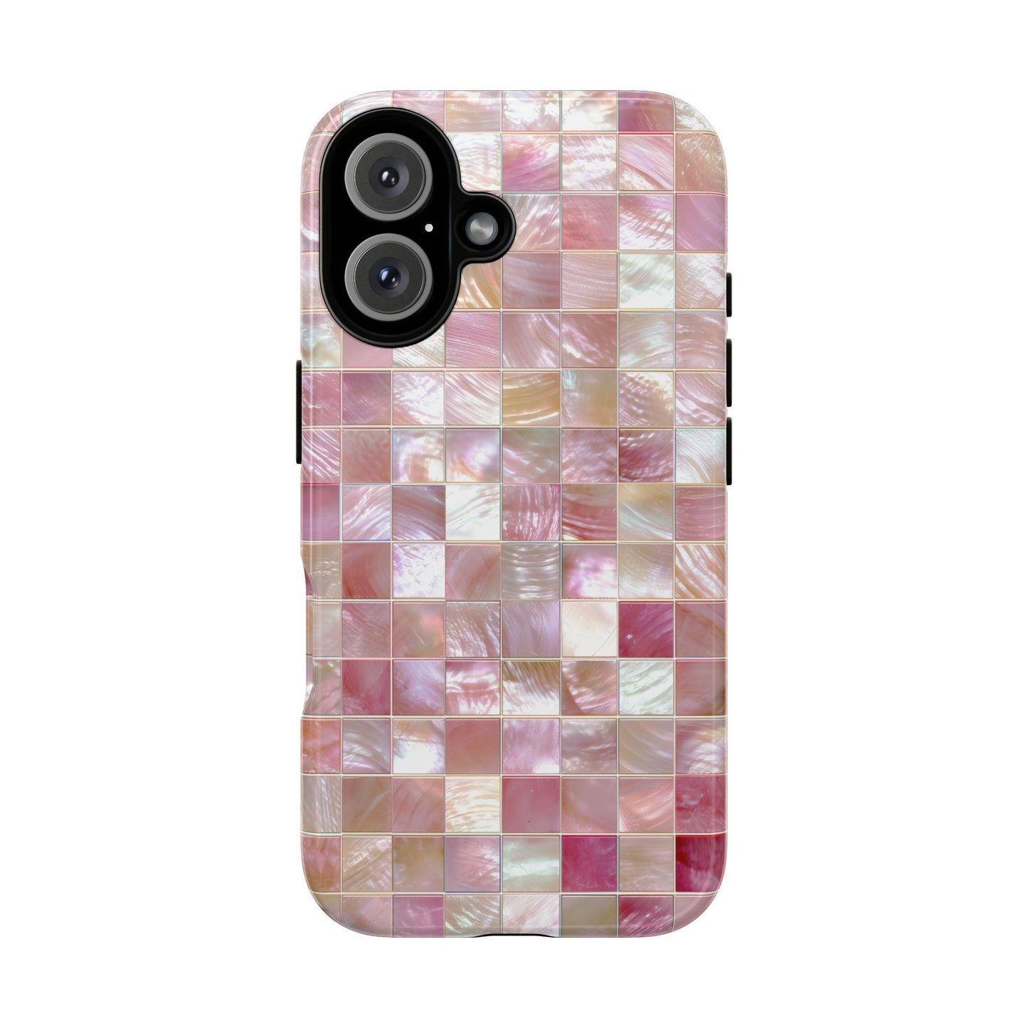 Mother of Pearl Pink Mosaic Phone Case by Golden Value SG featuring a mosaic pattern of shimmering, iridescent tiles in light pink, white, and pastel hues, creating a visual texture with mother-of-pearl effects.