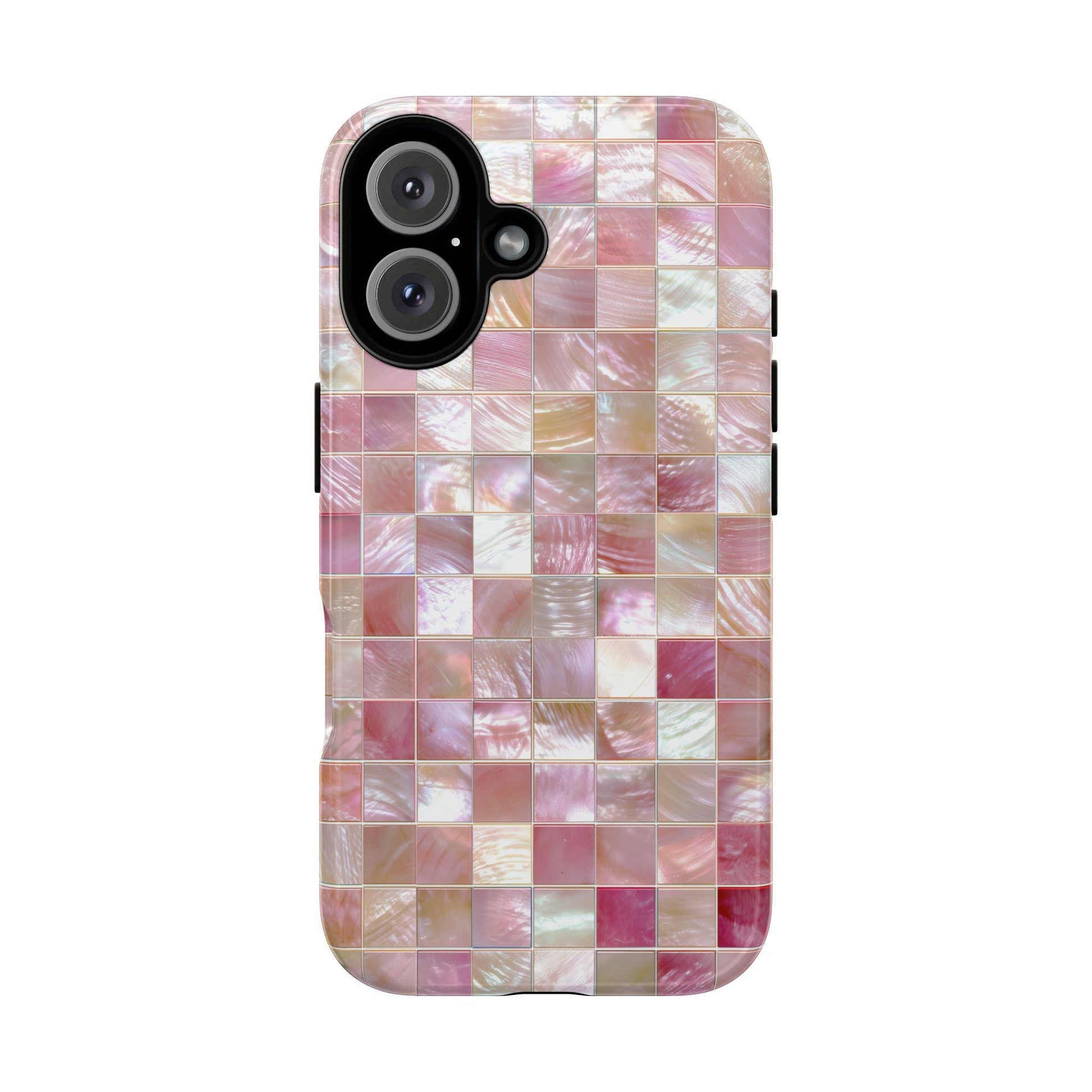 Mother of Pearl Pink Mosaic Phone Case by Golden Value SG featuring a mosaic pattern of shimmering, iridescent tiles in light pink, white, and pastel hues, creating a visual texture with mother-of-pearl effects.