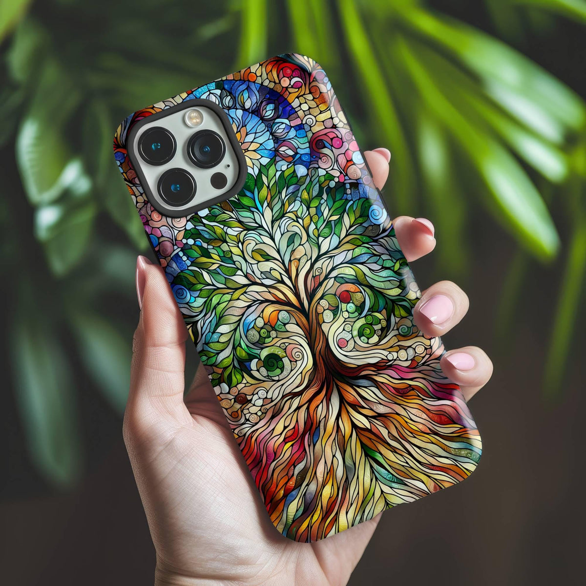 A hand with pink nails holds the Golden Value SG Celtic Tree of Life Aesthetic Phone Case, featuring an intricate stained glass-style tree design. Blurred green plant leaves appear in the background.