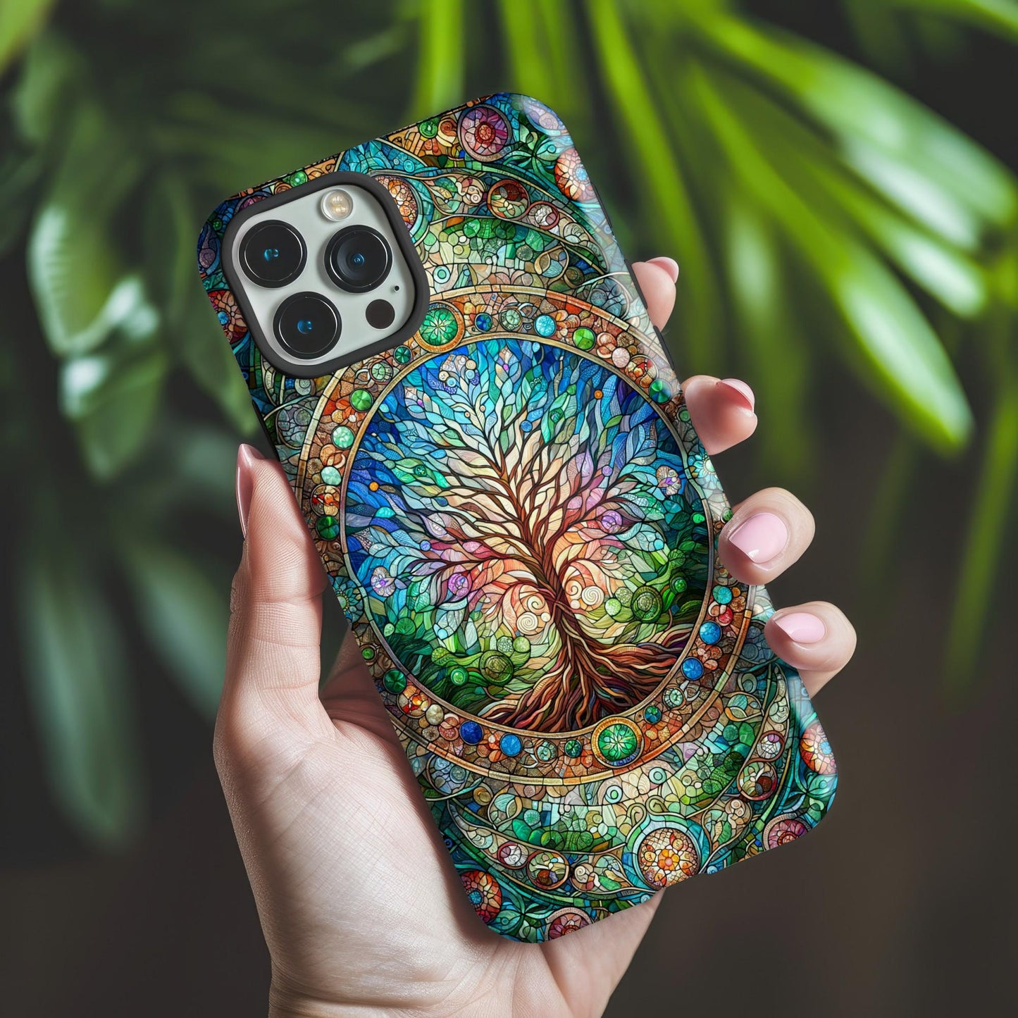 A hand with pale pink nail polish holds a Golden Value SG Celtic Tree of Life Aesthetic Phone Case, showcasing a stained glass-style tree design against a blurred backdrop of green foliage.