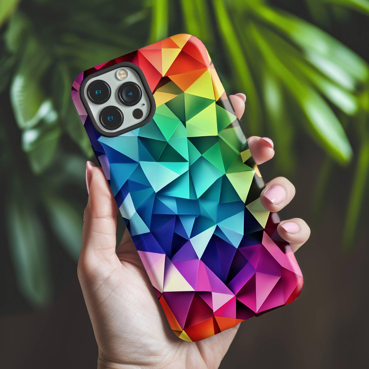 A hand holds the Geometric Rainbow Phone Case by Golden Value SG, featuring a vibrant prism pattern. Blurred green leaves appear in the background.