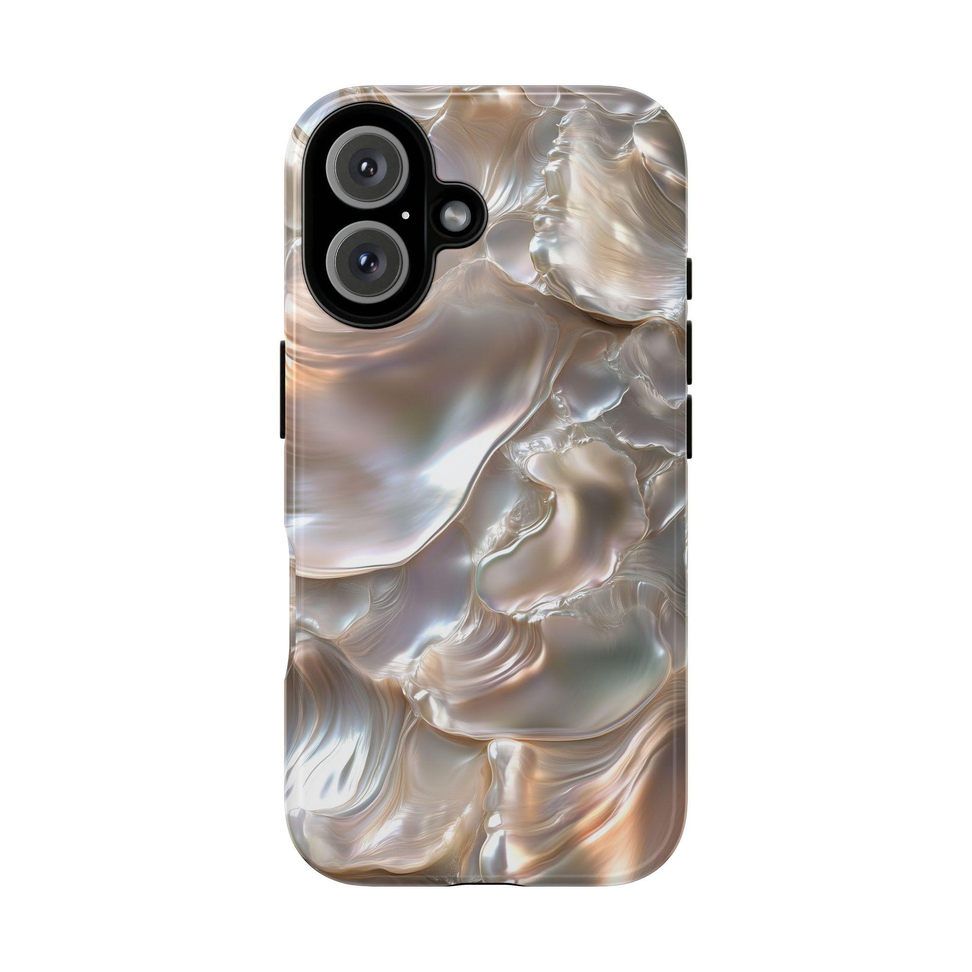 The June Birthstone Mother of Pearl Phone Case by Golden Value SG features iridescent layers with smooth, pearly surfaces in soft white, gold, pink, and blue hues that reflect light in wavy, fluid patterns.