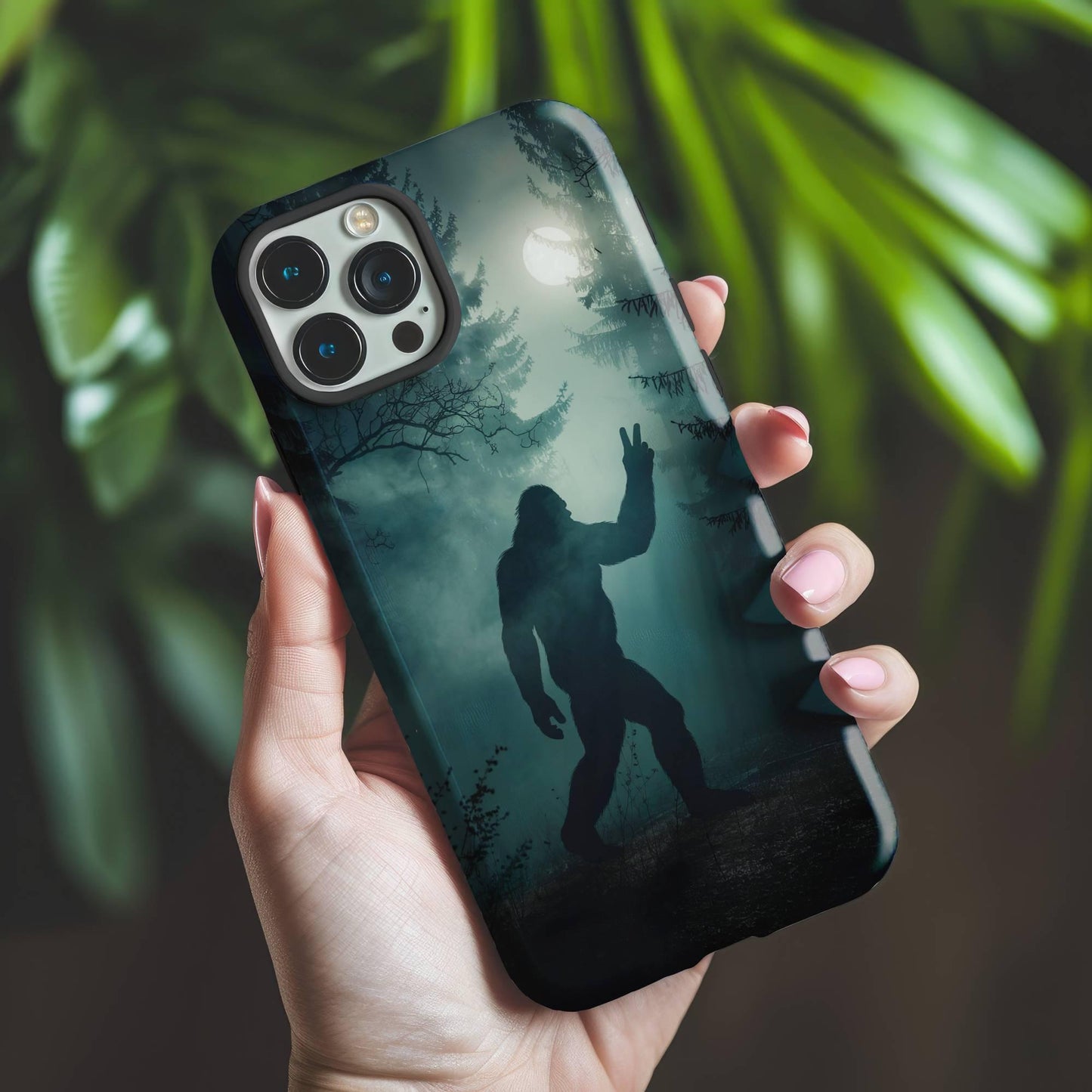 A hand holds the Bigfoot Silhouette Phone Case by Golden Value SG features a shadowy, forested scene at night with a full moon casting an eerie glow through the trees. In the foreground, a large, hairy Bigfoot is silhouetted against the moonlight. The creature is standing upright, with one arm raised, making a peace sign with its hand. The atmosphere is misty and mysterious, with tall pine trees and bare branches adding to the spooky ambiance. Green foliage is softly blurred in the background.