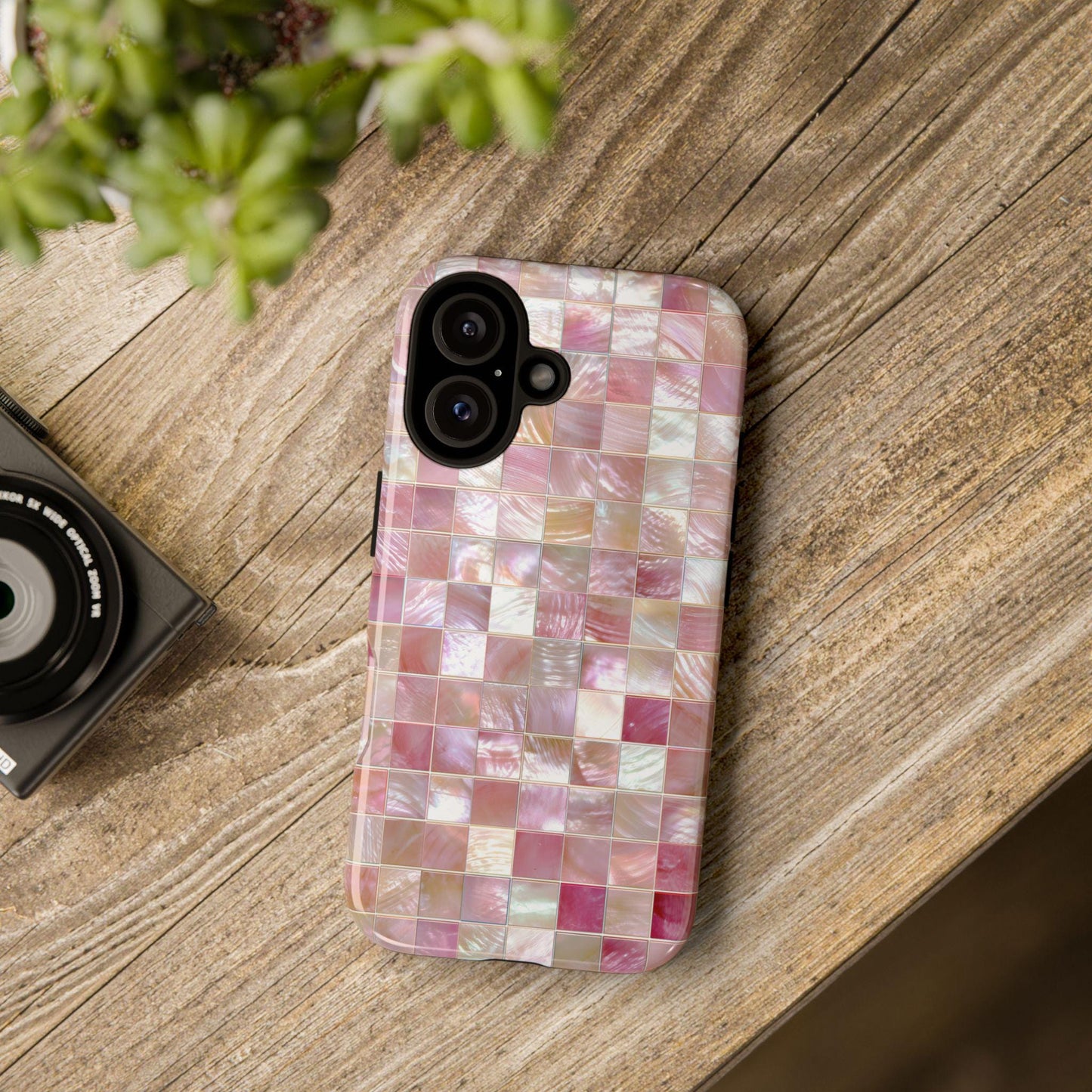Mother of Pearl Pink Mosaic Phone Case for iPhone, Samsung & Pixel, Pastel Shimmer, Aesthetic Design