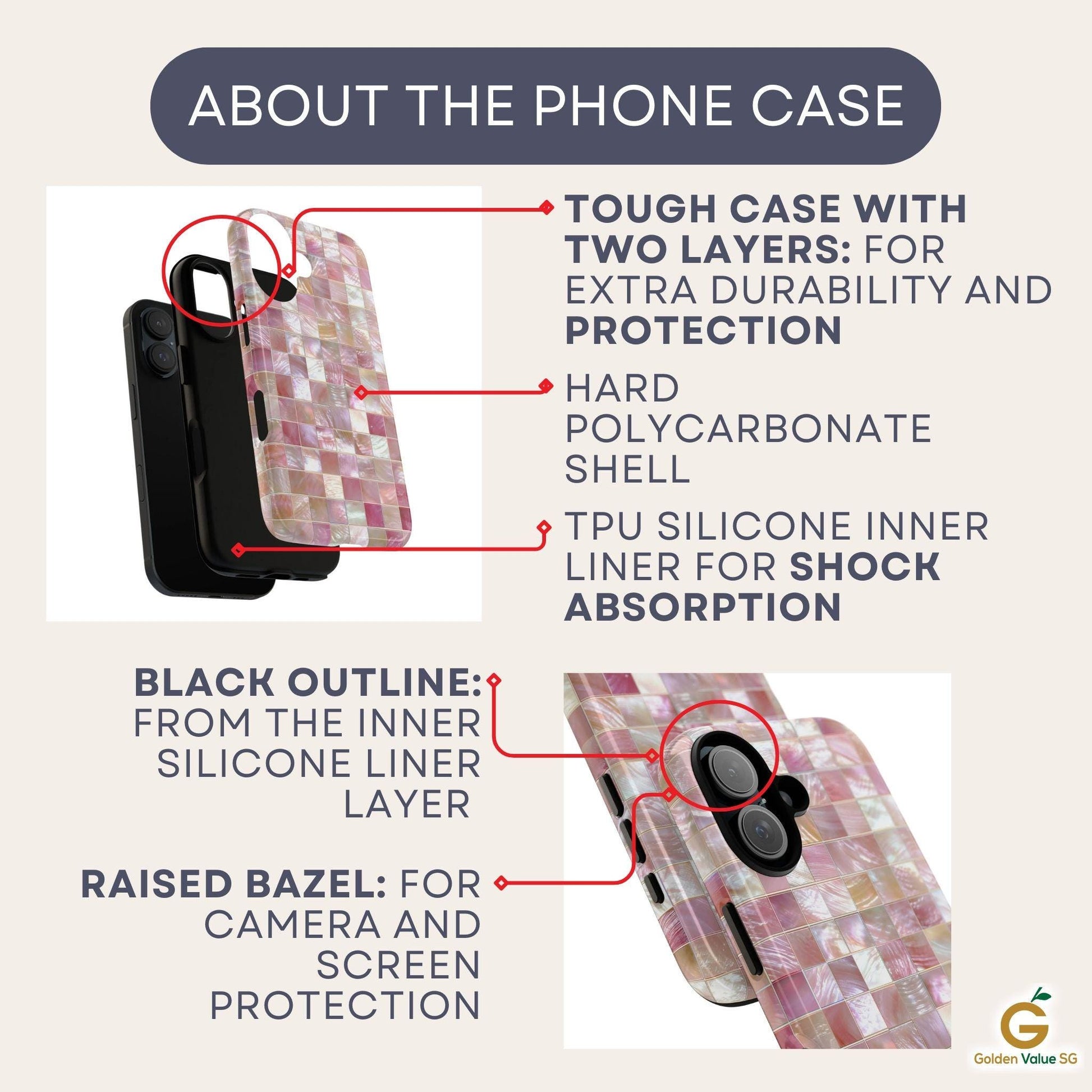 Mother of Pearl Pink Mosaic Phone Case for iPhone, Samsung & Pixel, Pastel Shimmer, Aesthetic Design