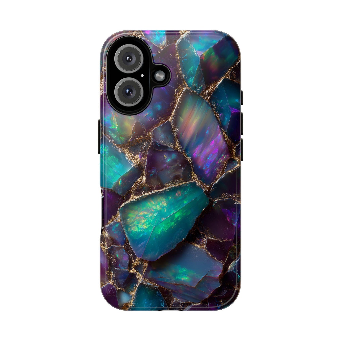 Vibrant iridescent opal phone case design featuring a mosaic of deep purple, teal blue, and green gemstones with golden outlines. Captures a mystical, luxurious, and shimmering raw crystal aesthetic, offering a unique and eye-catching accessory.