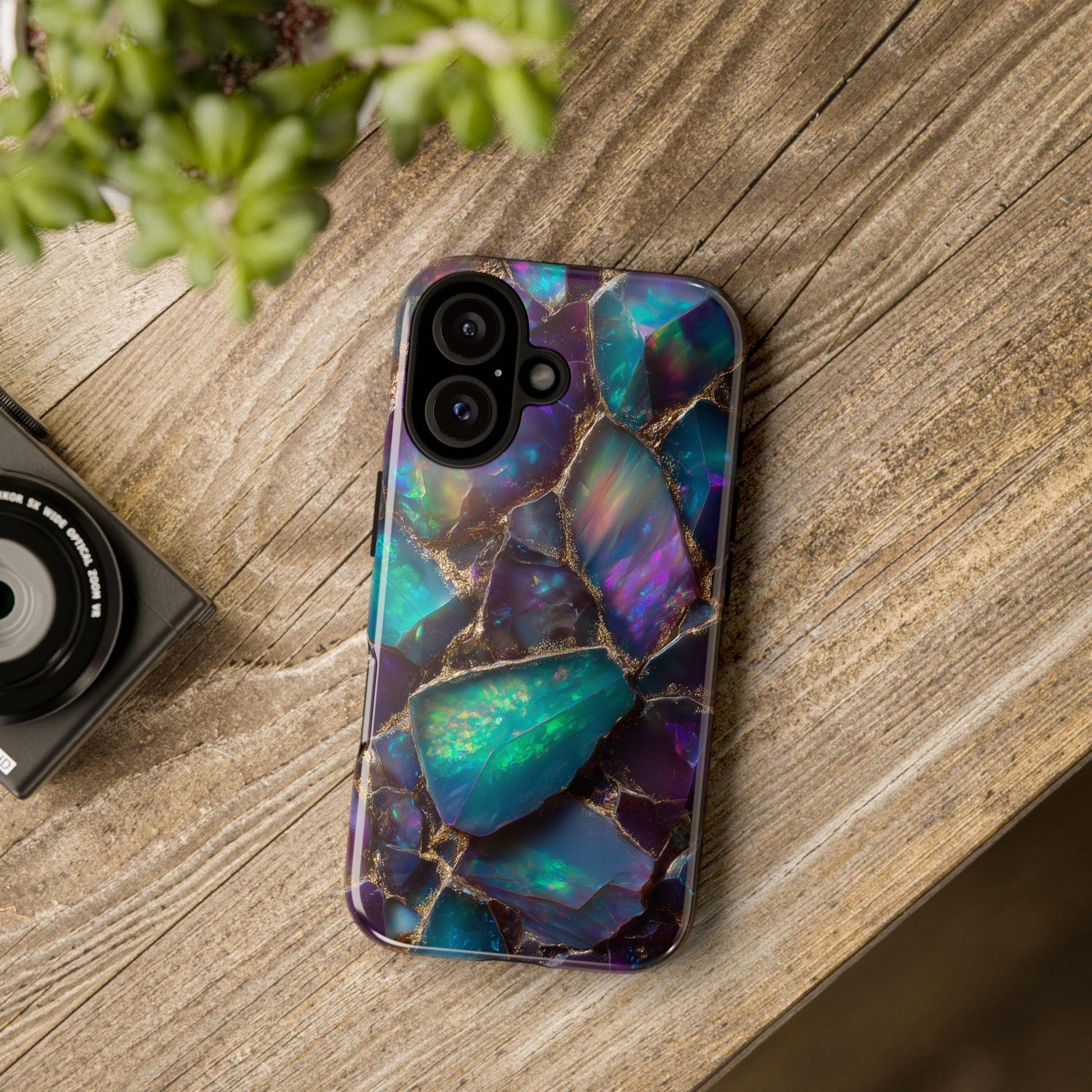 Iridescent Opal Phone Case for iPhone Samsung Pixel | Gold Mosaic Gemstone Design
