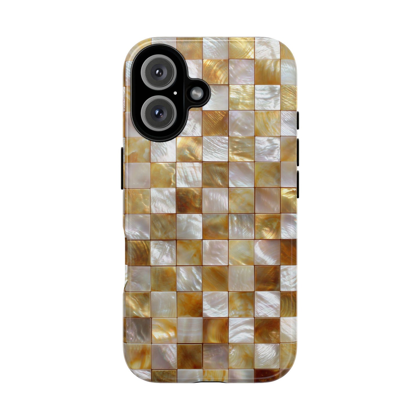 Luxurious checkerboard phone case featuring iridescent gold, white, and beige mosaic tiles with a shimmering, metallic mother-of-pearl effect. Perfect for elegant and unique style.