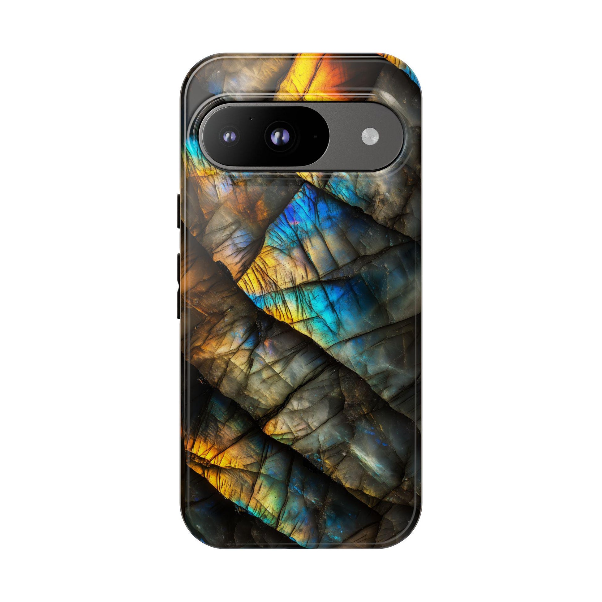 The Labradorite Gemstone Phone Case by Golden Value SG showcases a close-up of labradorite with blue and green iridescence, featuring smooth yet fractured textures in a vibrant, intricate fractal-like pattern.