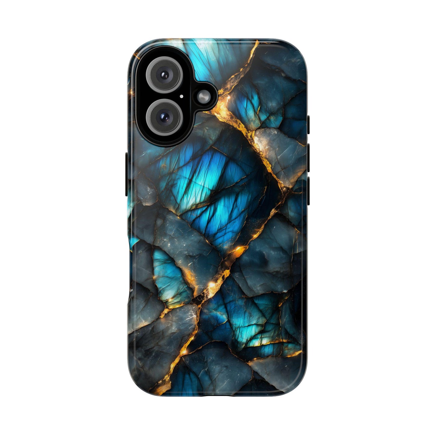 A hand holds the Labradorite And Gold Phone Case by Golden Value SG features a close-up design of a textured Labradorite gemstone surface with irregular blue shades from deep navy to light turquoise, separated by thin gold veins, and boasts a polished, reflective finish. Green foliage is softly blurred in the background.
