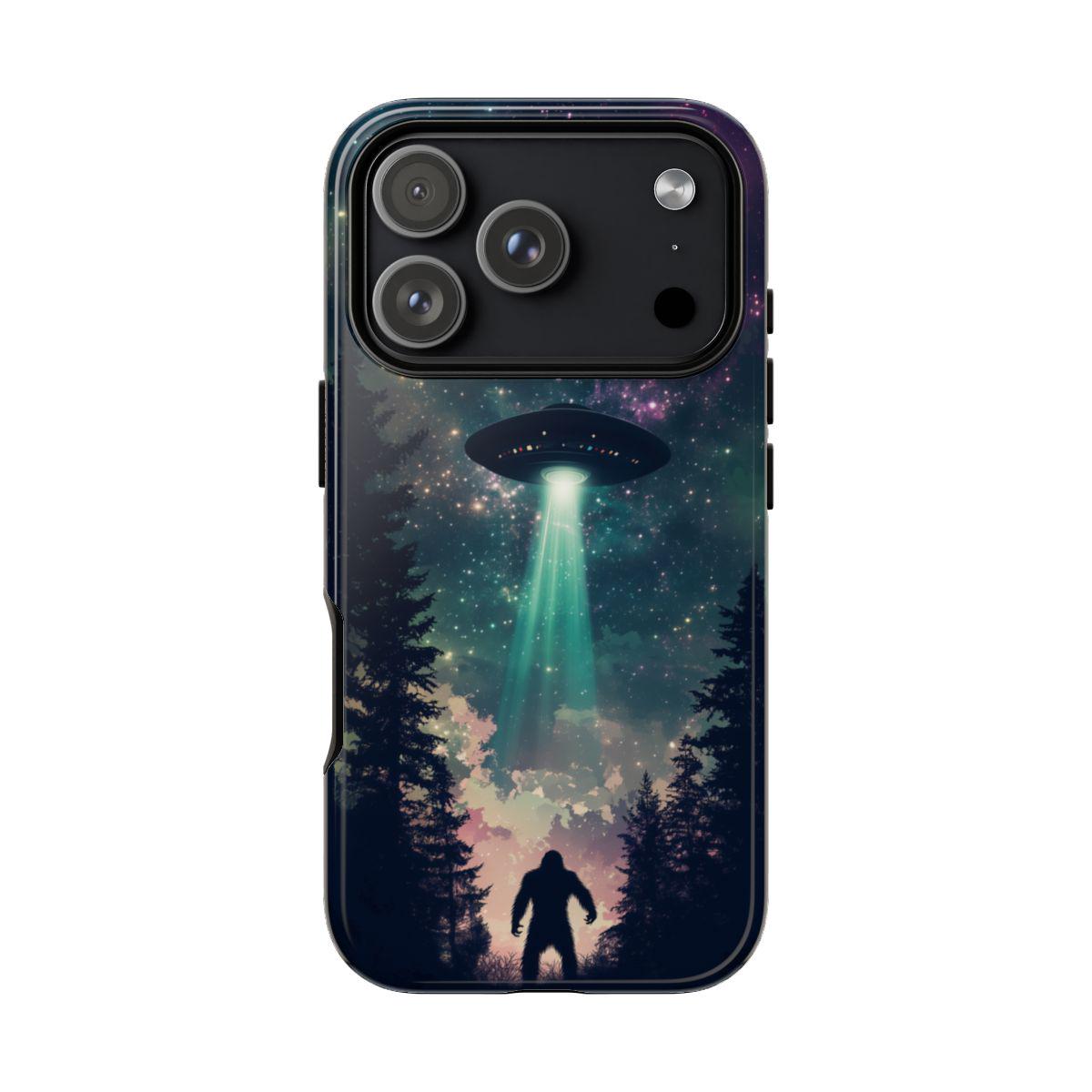Bigfoot UFO Phone Case for iPhone, Samsung & Pixel | Alien Abduction Sasquatch | Sci-Fi Cryptid Art | Cosmic Forest Mystery Gift