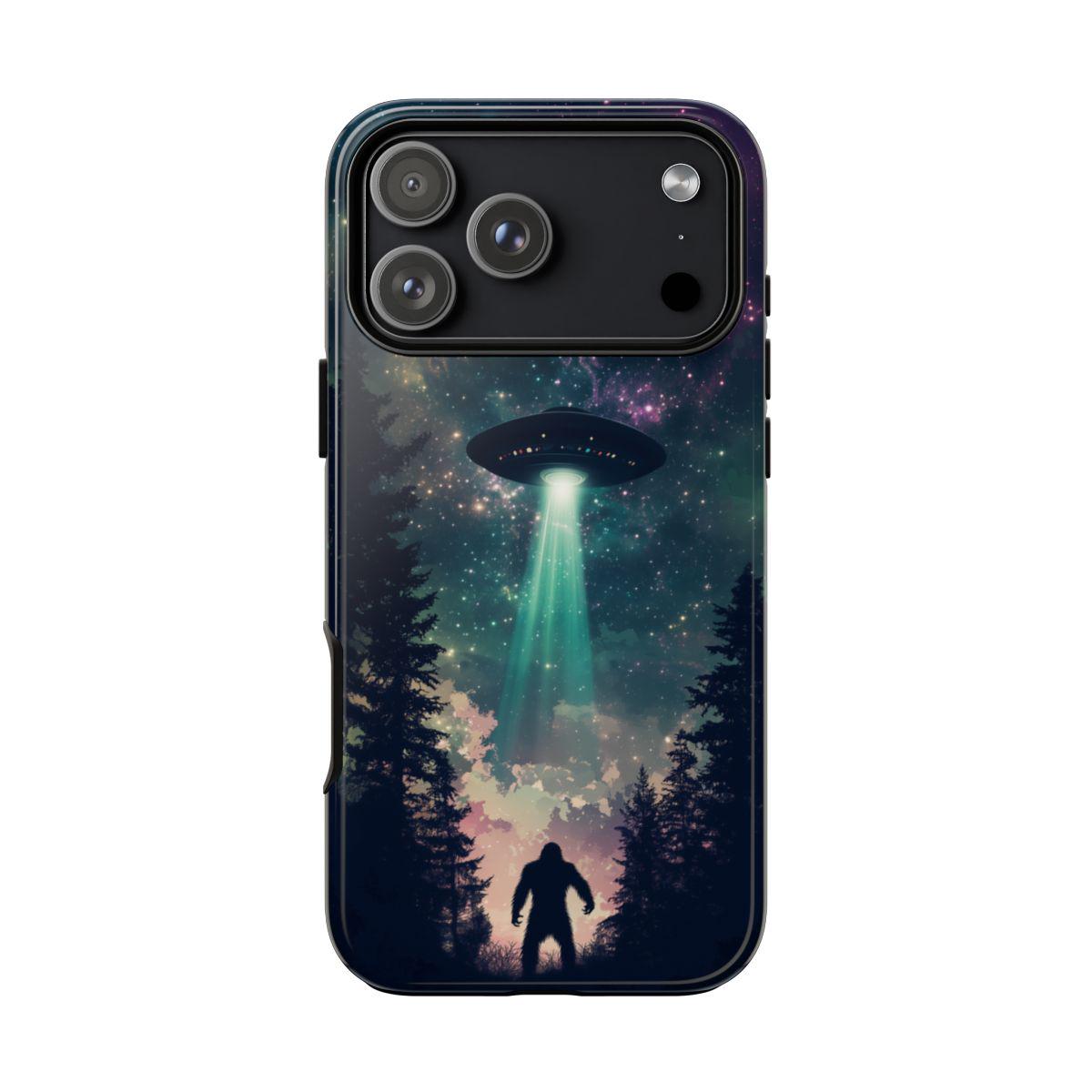 Bigfoot UFO Phone Case for iPhone, Samsung & Pixel | Alien Abduction Sasquatch | Sci-Fi Cryptid Art | Cosmic Forest Mystery Gift