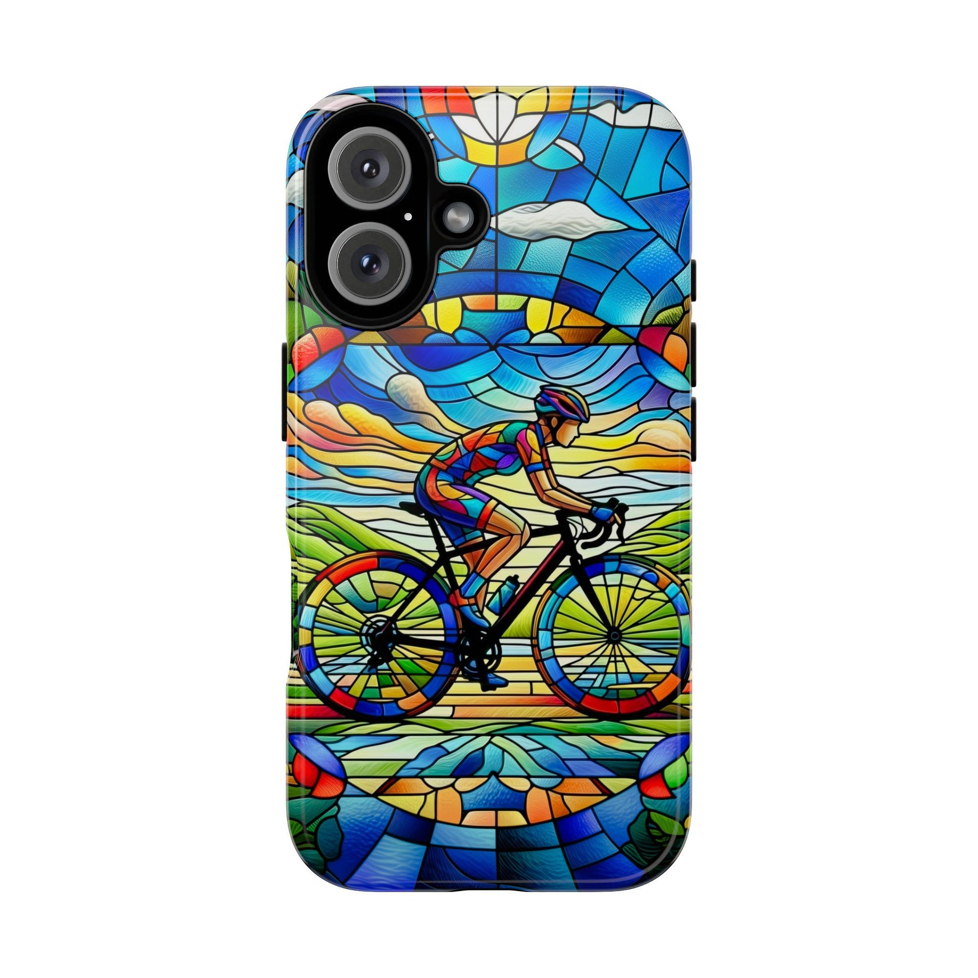 Female Cyclist Cycling Phone Case by Golden Value SG, showcasing a cyclist in motion against a vibrant, nature-inspired faux stained glass backdrop.